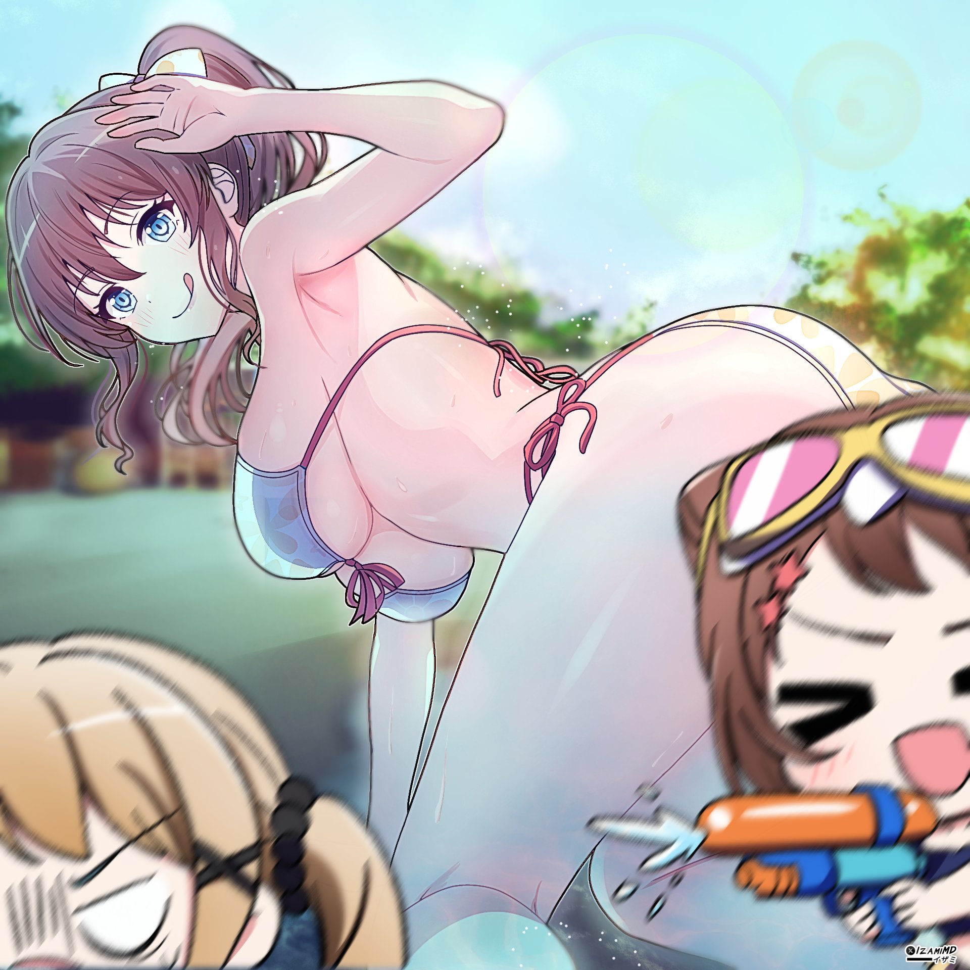 izami md, ichigaya arisa, toyama kasumi, yamabuki saya, bang dream!, commentary, english commentary, highres, > <, 3girls, arm up, ass, bikini, blue eyes, blush, breasts, brown hair, cone hair bun, eyewear on head, hair between eyes, hair bun, hair ornament, half updo, large breasts, licking lips, long hair, multiple girls, shirt, swimsuit, tongue, tongue out, underboob, water gun, white shirt, x hair ornament