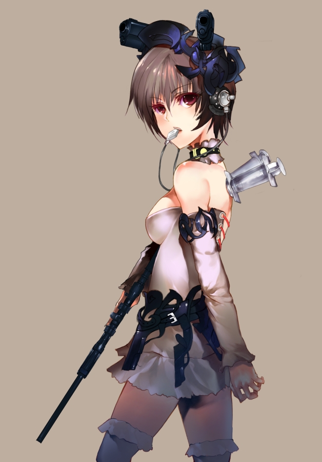 eel (artist), sniper, bad id, bad pixiv id, 1girl, belt, brown hair, choker, detached sleeves, female focus, gun, handgun, headphones, mouth hold, pistol, red eyes, rifle, short hair, simple background, skirt, sniper rifle, solo, syringe, thighhighs, weapon, zettai ryouiki
