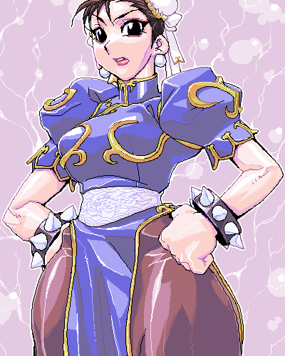 matagitii, chun-li, capcom, street fighter, lowres, 1girl, black eyes, brown hair, bun cover, china dress, chinese clothes, double bun, dress, earrings, female focus, hair bun, hands on own hips, jewelry, looking at viewer, makeup, pantyhose, pelvic curtain, red lips, simple background, solo