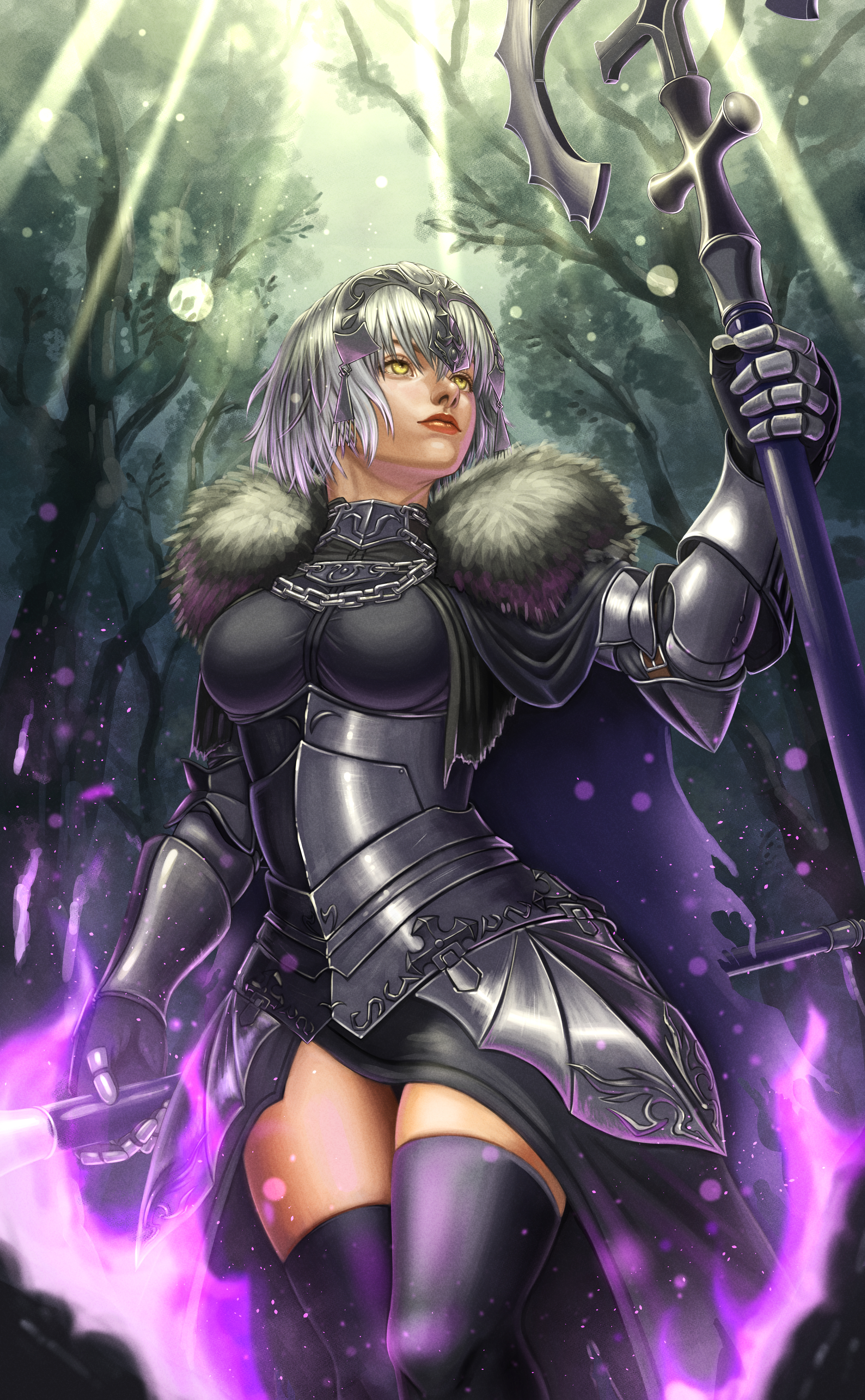 kai hadaly, jeanne d'arc alter (fate), jeanne d'arc alter (lancer) (fate), fate/samurai remnant, fate (series), absurdres, commentary, english commentary, highres, 1girl, armor, breasts, cape, chain, holding, short hair, solo, yellow eyes
