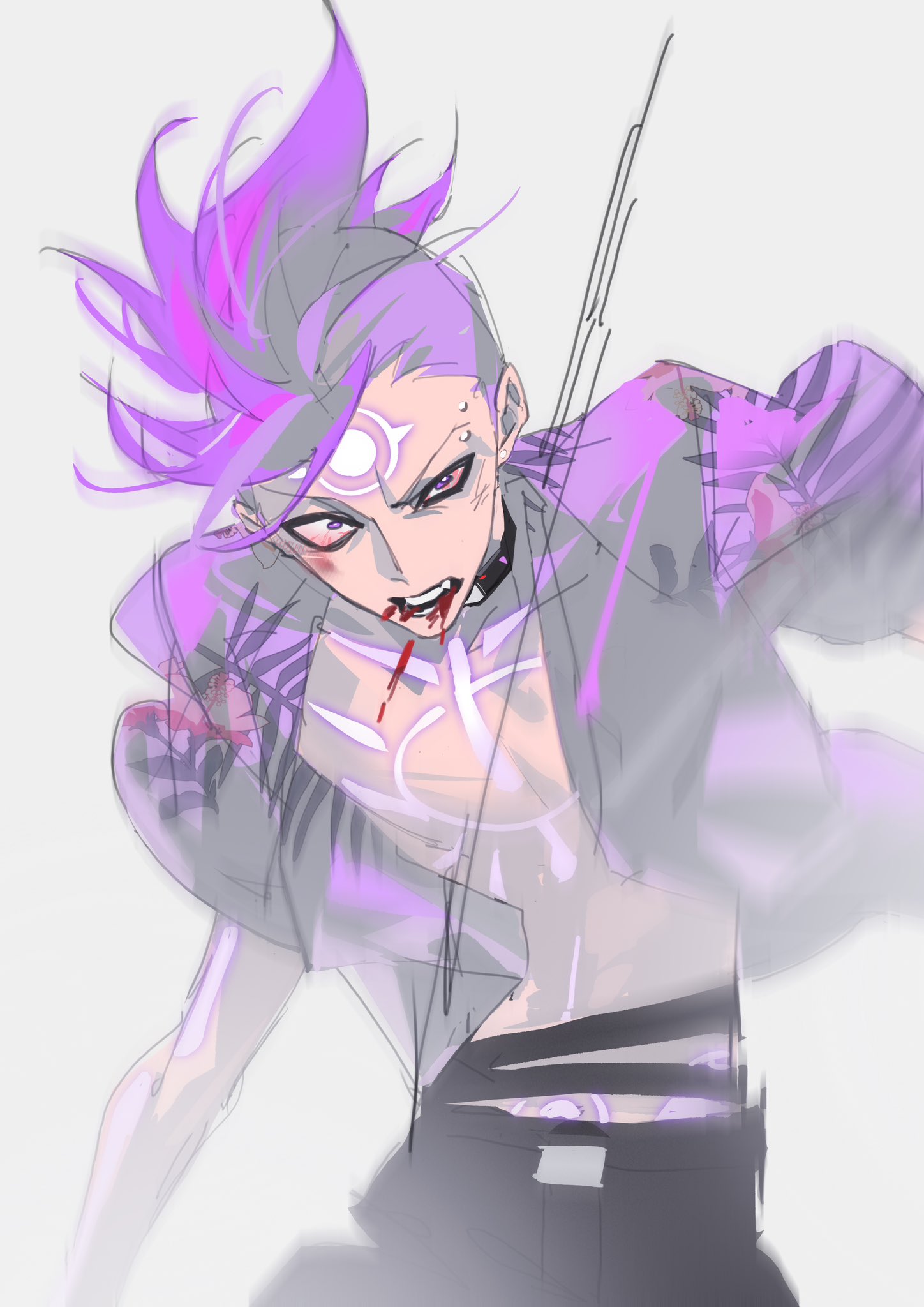 sd2190392804, dragon boy (to be hero x), to be hero, to be hero x, highres, 1boy, asymmetrical hair, black choker, black pants, blood, body markings, choker, eyebrow piercing, face piercing, facial mark, furrowed brow, hawaiian shirt, male focus, nosebleed, open clothes, open mouth, open shirt, pants, piercing, print shirt, purple hair, purple shirt, shirt, short hair, sidecut, sketch, solo, spiked hair, undercut, upper body