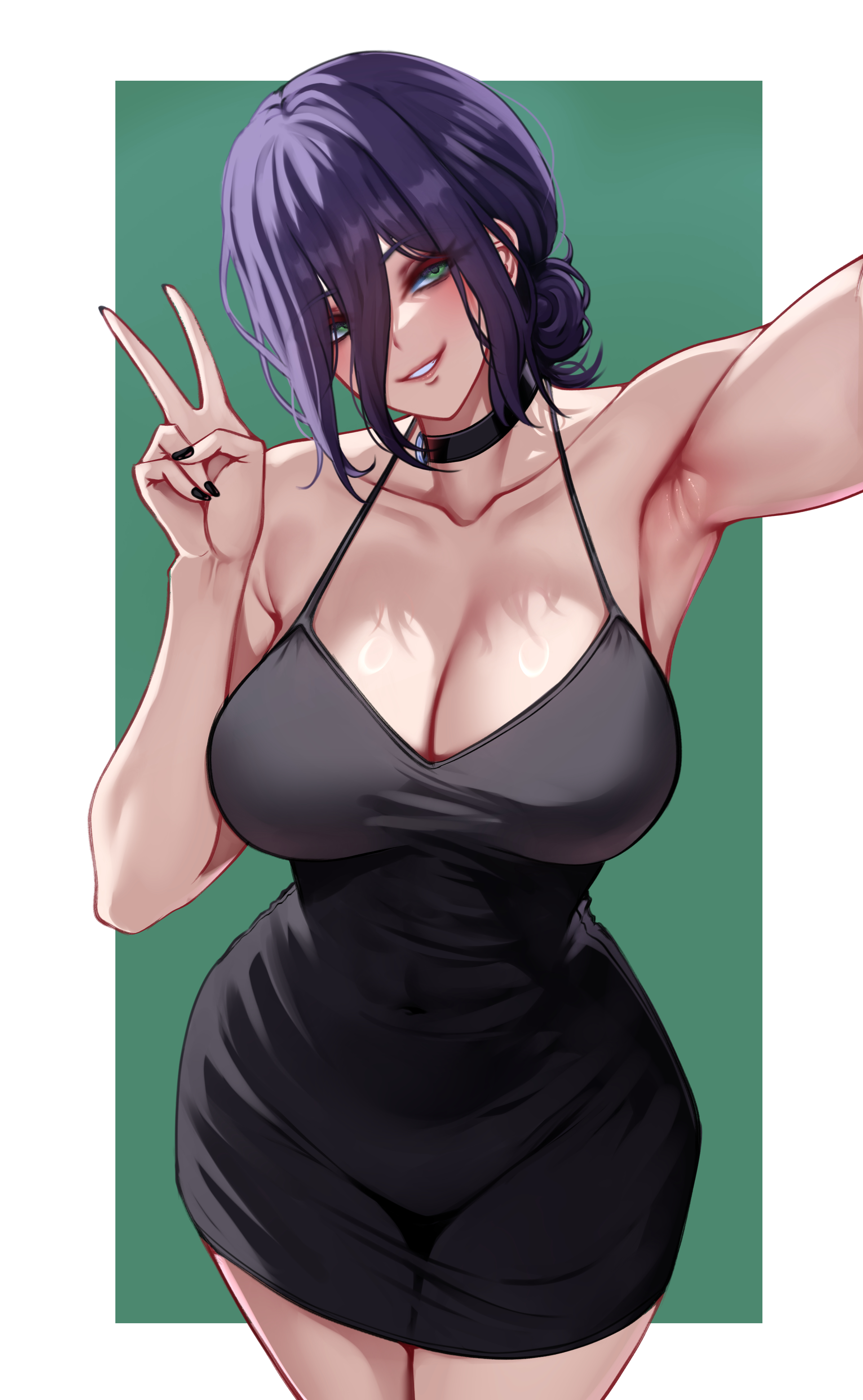 karma3009, reze (chainsaw man), chainsaw man, absurdres, highres, 1girl, armpits, black choker, black dress, black nails, breasts, choker, cleavage, dress, green eyes, hair between eyes, hair bun, huge breasts, looking at viewer, selfie, short dress, solo