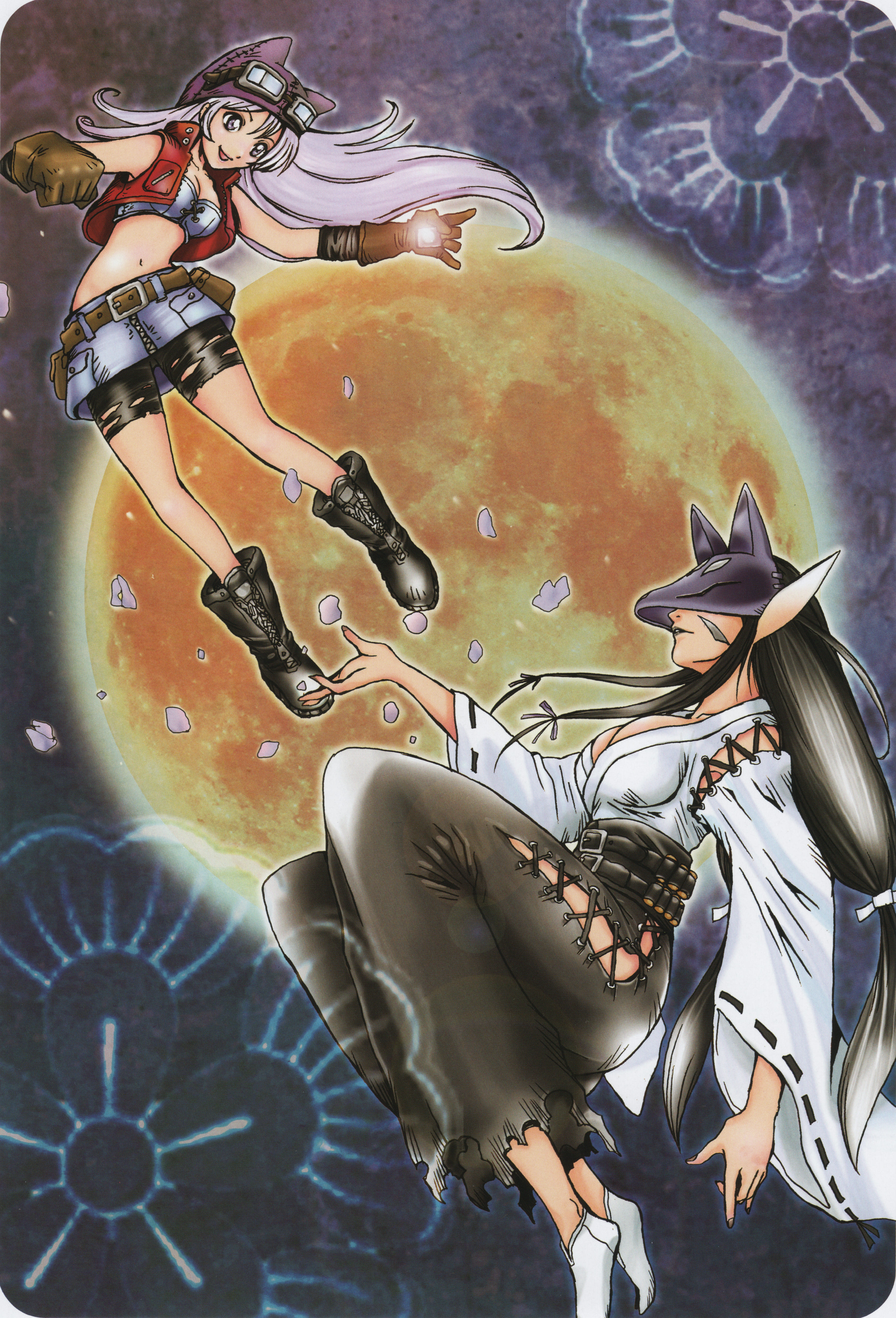 watanabe kenji, kuzuhamon, kuzuhamon miko mode, sayo (digimon), bandai, digimon, absurdres, highres, official art, scan, 2girls, animal hat, boots, breasts, cleavage, closed mouth, curvy, female focus, floating, floating hair, flower print, fox mask, full body, full moon, goggles, hat, japanese clothes, kimono, large breasts, lips, long hair, looking at another, mask, medium breasts, moon, multiple girls, nail polish, simple background, smile, wide hips