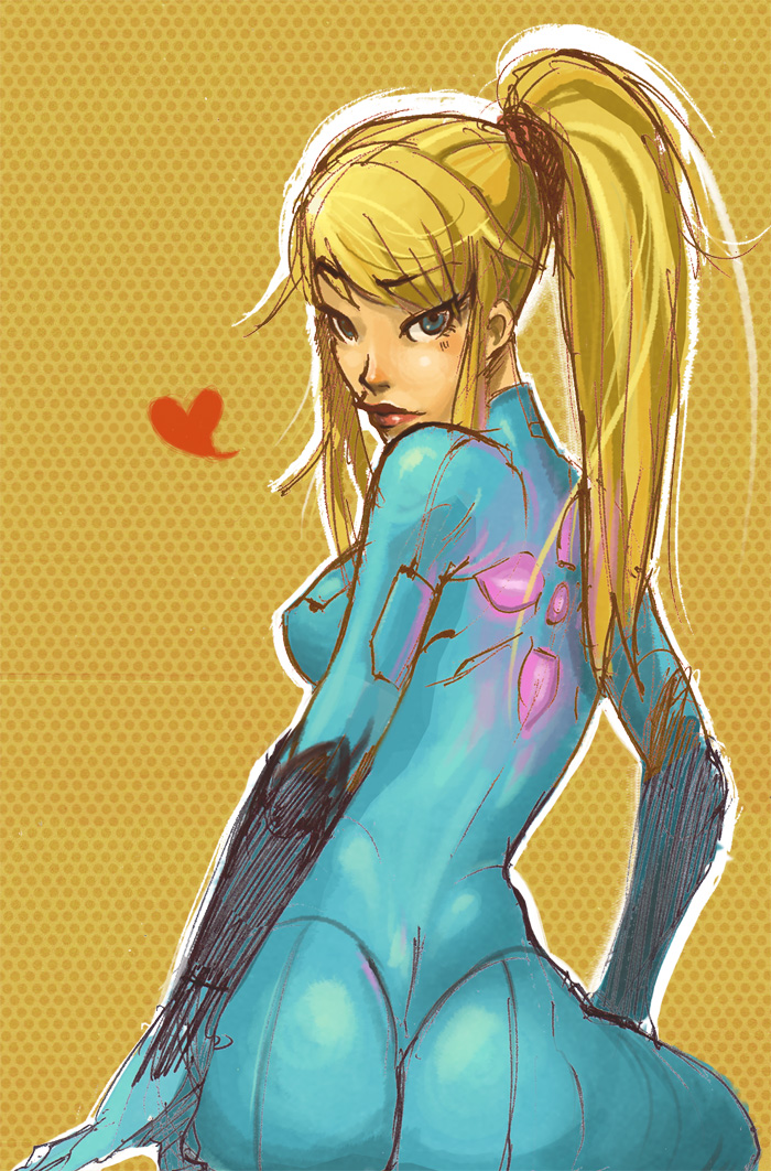 bakanaartist, samus aran, metroid, nintendo, 1girl, ass, blonde hair, blue bodysuit, blue eyes, bodysuit, breasts, from behind, heart, long hair, looking at viewer, looking back, medium breasts, ponytail, raised eyebrow, yellow background, zero suit