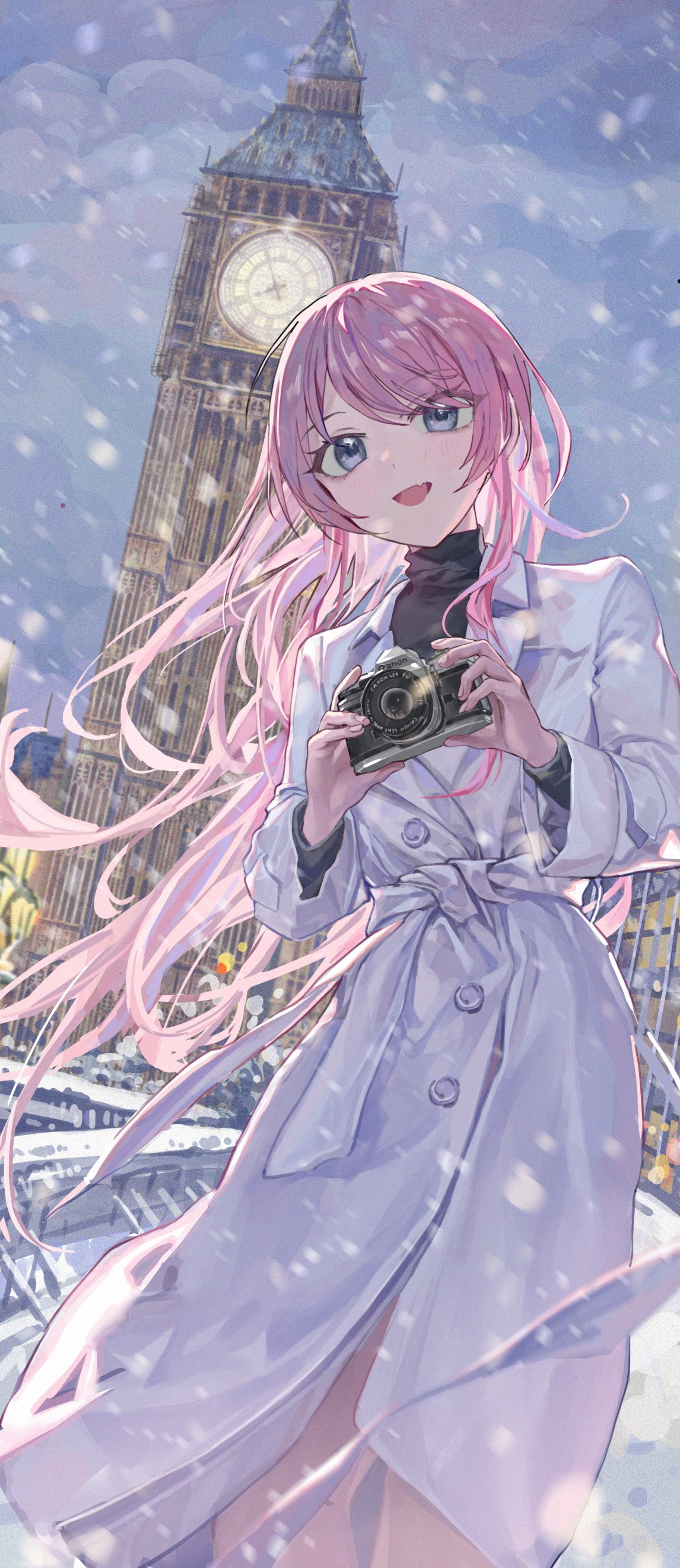 blacky1266859, chihaya anon, bang dream!, bang dream! it's mygo!!!!!, absurdres, highres, 1girl, black shirt, blush, camera, coat, elizabeth tower, fang, grey coat, grey eyes, holding, holding camera, long hair, looking at viewer, open mouth, outdoors, pink hair, shirt, skin fang, solo