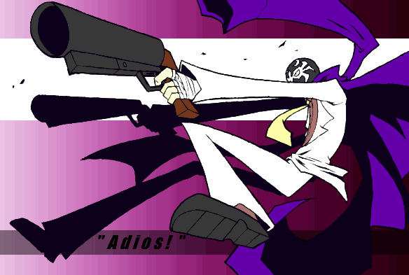 amatera, mask de smith, capcom, grasshopper manufacture, killer7, 1boy, bandages, cape, formal clothes, grenade launcher, gun, male focus, mask, solo, suit, weapon