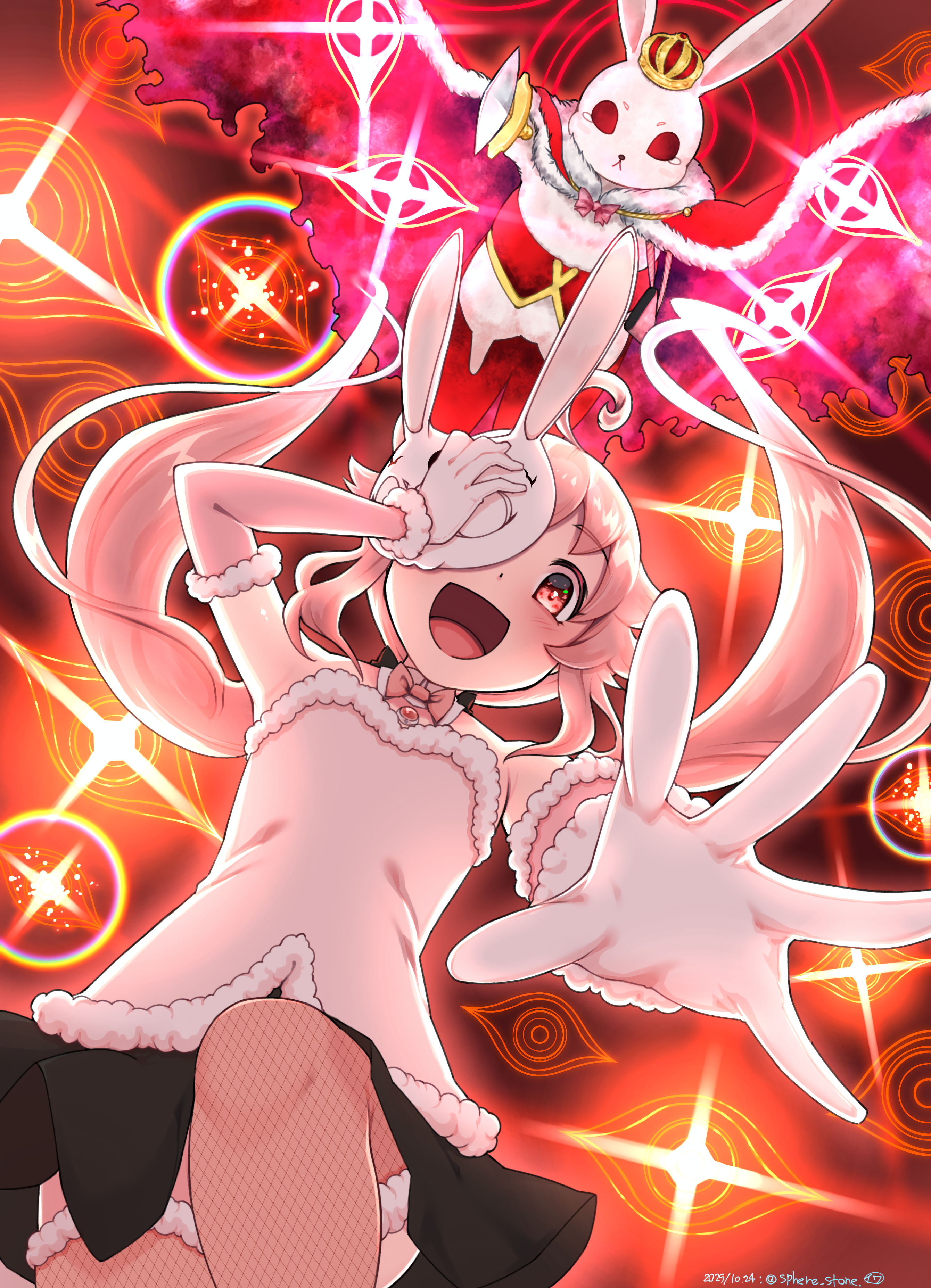 sphere stone, enfant terrible (madoka magica), lapin (madoka magica), magia record: mahou shoujo madoka magica gaiden, mahou shoujo madoka magica, mahou shoujo tart magica, absurdres, highres, animal ears, cloak, fake animal ears, long hair, magical girl, mask, pink hair, rabbit ears, red eyes, skirt, smile, thighhighs, too many eyes, witch (madoka magica)