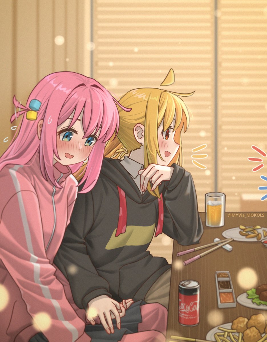 myvia mokols, gotoh hitori, ijichi nijika, bocchi the rock!, coca-cola, commentary, english commentary, highres, 2girls, ahoge, artist name, black hoodie, black skirt, blonde hair, blue eyes, blush, can, casual, chopsticks, cube hair ornament, drink, drink can, film grain, fingernails, food, from side, glass, hair ornament, holding hands, hood, hoodie, indoors, jacket, long hair, long sidelocks, long sleeves, multiple girls, nose blush, open mouth, pink hair, pink jacket, pleated skirt, red eyes, side ponytail, sidelocks, sideways mouth, sitting, skirt, smile, soda can, straight hair, table, talking, track jacket, twitter username, yuri
