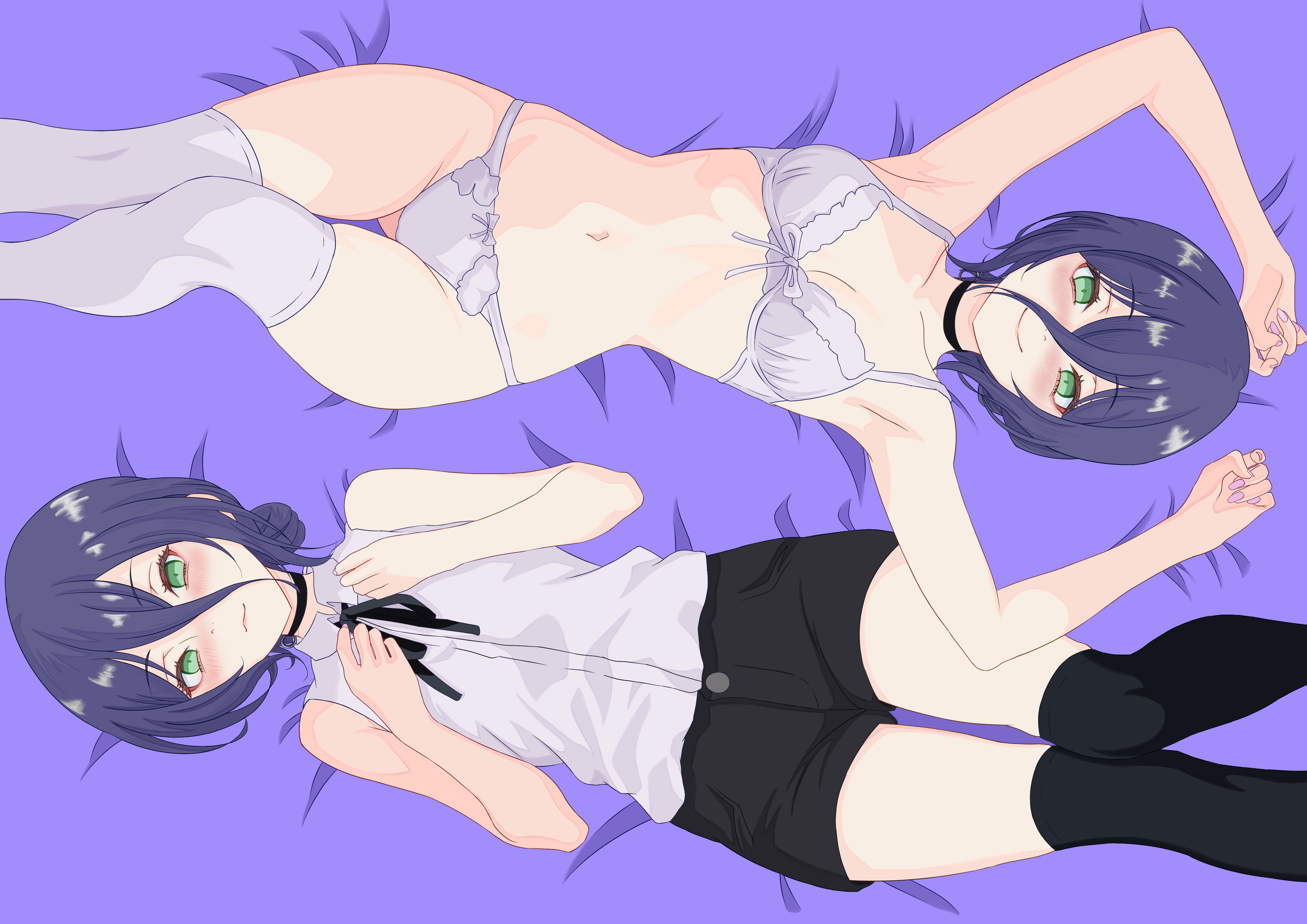 minami srii, reze (chainsaw man), chainsaw man, absurdres, highres, 1girl, arms up, black choker, black shorts, black thighhighs, blush, bra, breasts, choker, closed mouth, green eyes, grey bra, grey panties, grey shirt, grey thighhighs, hair between eyes, lying, multiple views, on back, panties, purple hair, shirt, short shorts, shorts, sleeveless, sleeveless shirt, small breasts, smile, thighhighs, underwear