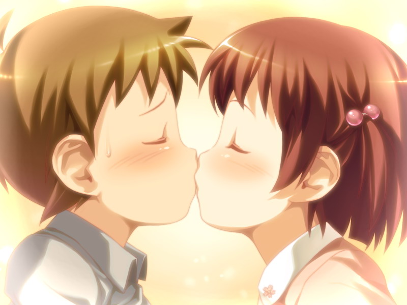 koutaro, mizusawa noel, ars magna, game cg, 1boy, 1girl, blush, brown hair, child, closed eyes, gradient background, hair bobbles, hair ornament, hairpin, hetero, kiss, kodomo doushi, red hair, short hair