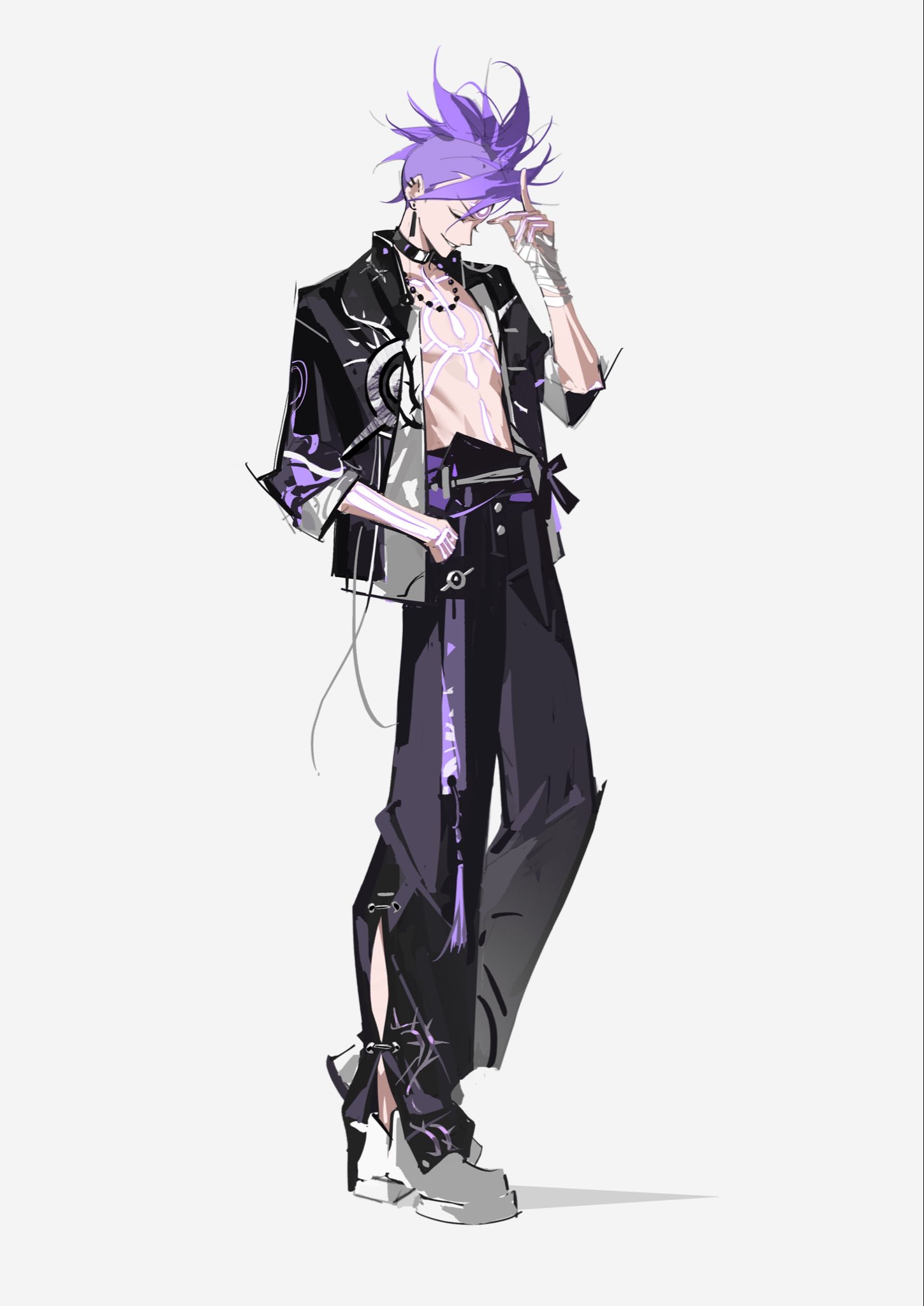 sd2190392804, dragon boy (to be hero x), to be hero, to be hero x, highres, 1boy, bandaged hand, bandages, bead necklace, beads, black choker, black pants, black shirt, body markings, choker, closed eyes, earrings, full body, hand in pocket, jewelry, male focus, necklace, open clothes, open shirt, pants, parted lips, print shirt, purple hair, shirt, shoes, short hair, smile, solo, spiked hair, white shoes