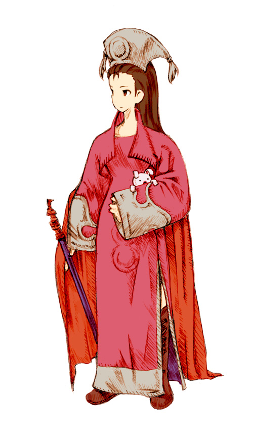zearthp, minase iori, orator (fft), final fantasy, final fantasy tactics, idolmaster, idolmaster (classic), idolmaster 1, 1girl, boots, brown hair, cape, female focus, full body, hat, knee boots, long hair, parody, robe, simple background, solo, stuffed animal, stuffed rabbit, stuffed toy, style parody, wand