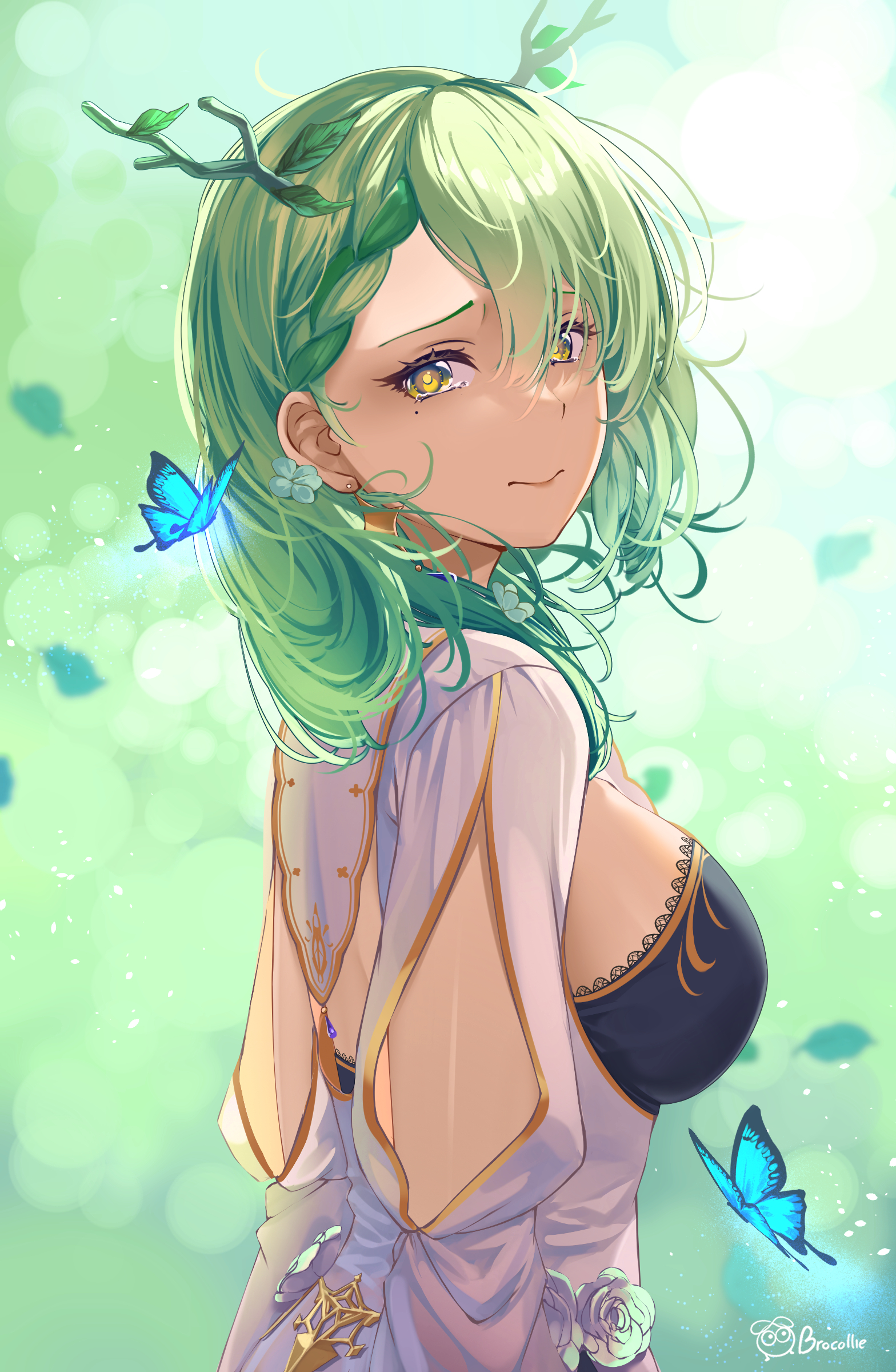 brocollie, ceres fauna, hololive, hololive english, absurdres, commentary, english commentary, highres, 1girl, antlers, artist name, asymmetrical bangs, blurry, bokeh, braid, braided bangs, breasts, bug, butterfly, closed mouth, depth of field, dress, eyelashes, flower, from side, green background, green hair, grey dress, hair between eyes, hair flower, hair ornament, horns, insect, large breasts, long bangs, long sleeves, looking at viewer, looking to the side, mole, mole under eye, multicolored eyes, parted bangs, raised inner eyebrows, sad, solo, standing, tearing up, turning head, two-tone eyes, upper body, virtual youtuber, yellow pupils