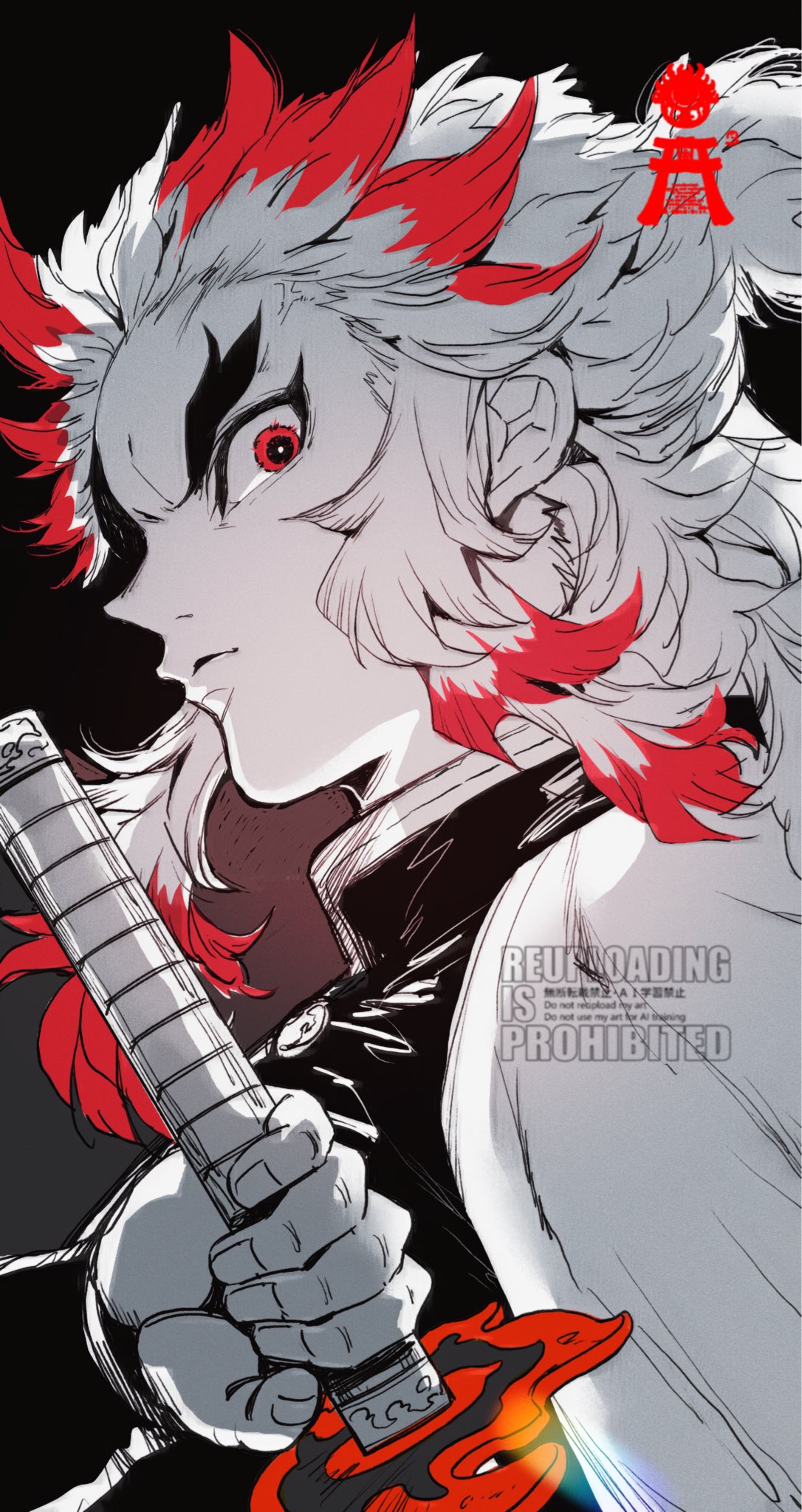 rengoku kyoujurou, kimetsu no yaiba, highres, 1boy, black background, buttons, demon slayer uniform, fingernails, haori, holding, holding sword, holding weapon, jacket, japanese clothes, looking at viewer, male focus, multicolored hair, partially colored, red hair, solo, sword, takoyatsurngk, thick eyebrows, two-tone hair, upper body, weapon