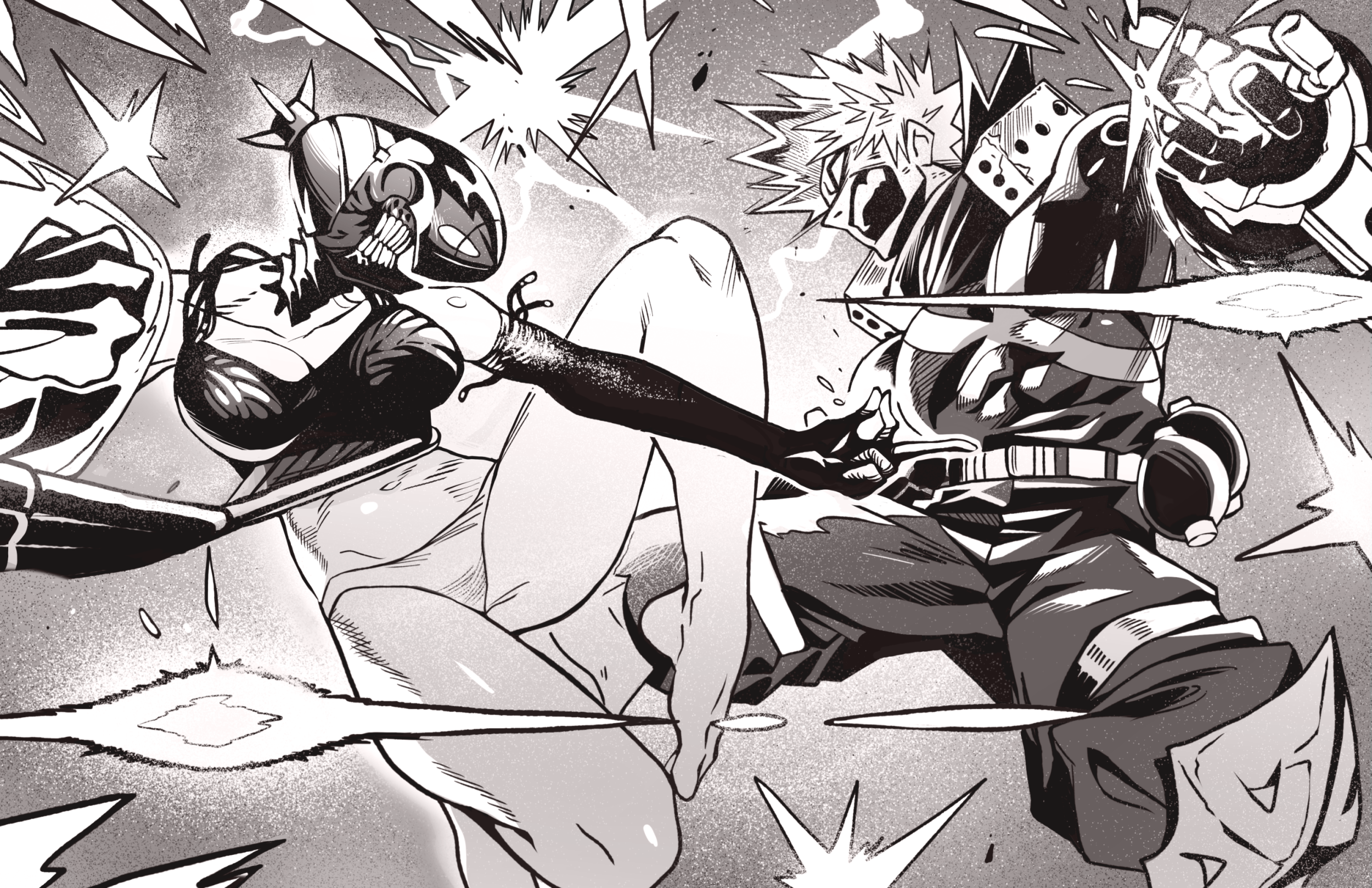vulcan (ejel2000), bakugou katsuki, reze (chainsaw man), boku no hero academia, chainsaw man, highres, 1boy, 1girl, apron, battle, breasts, crossover, duel, explosion, grenade pin, greyscale, jumpsuit, medium breasts, monochrome, muscular, muscular male, navel, object head, open mouth, panties, power connection, short hair, spiked hair, sweat, teeth, underwear