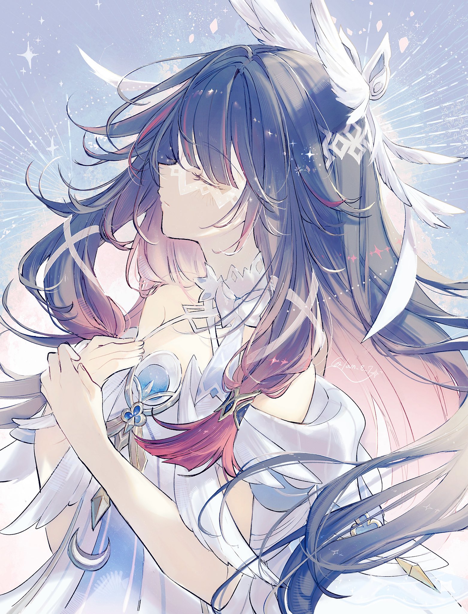 kino-cands, columbina (genshin impact), genshin impact, highres, closed eyes, dress, facing to the side, hair ornament, hands on own chest, head wings, long hair, multicolored hair, two-tone hair, wings