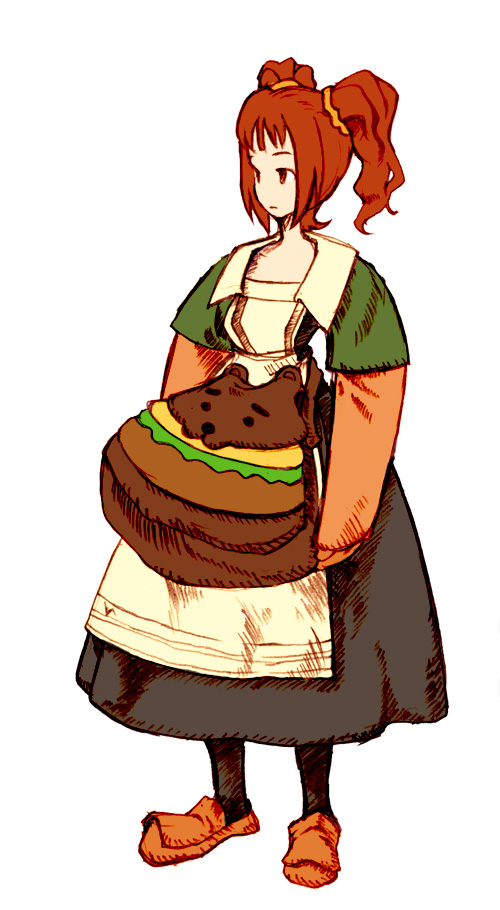 zearthp, chemist (fft), takatsuki yayoi, final fantasy, final fantasy tactics, idolmaster, idolmaster (classic), idolmaster 1, 1girl, bag, brown hair, dress, female focus, full body, parody, simple background, solo, style parody, twintails