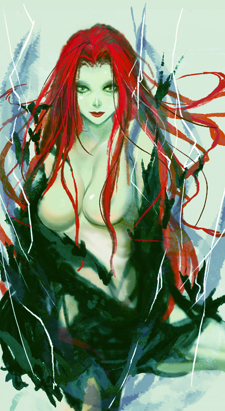 9 (pixiv327146), jun (ash), nevan, capcom, devil may cry, devil may cry (series), devil may cry 3, 00s, 1girl, blue skin, breasts, cleavage, colored skin, demon girl, female focus, large breasts, long hair, red hair, solo, topless female