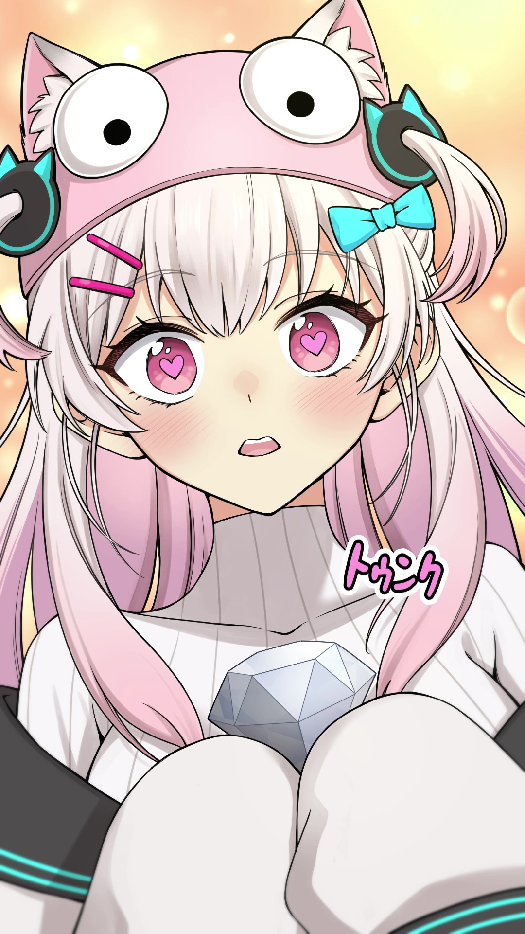 natsume eri, natsume eri (vtuber), semibot, indie virtual youtuber, r.e.p.o., commentary request, highres, 1girl, blue bow, bow, breasts, brown background, cosplay, covered collarbone, diamond (gemstone), grey hair, hair bow, hair ornament, hairclip, heart, heart-shaped pupils, jacket, long hair, long sleeves, looking at viewer, medium breasts, multicolored hair, off shoulder, open mouth, pink eyes, pink hair, puffy long sleeves, puffy sleeves, ribbed shirt, semibot (cosplay), shirt, sleeves past fingers, sleeves past wrists, solo, symbol-shaped pupils, two-tone hair, upper body, virtual youtuber, white jacket, white shirt
