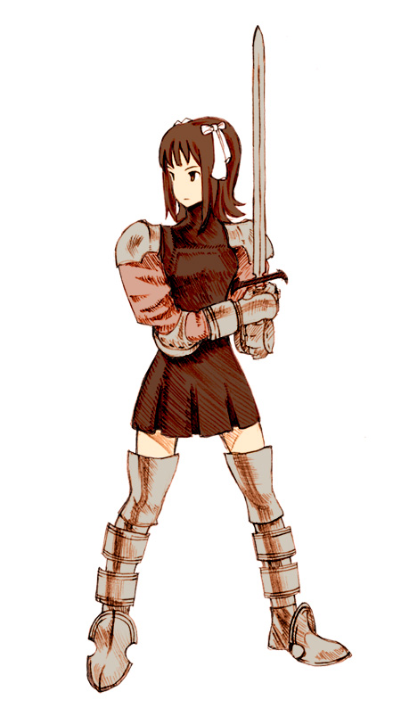 zearthp, amami haruka, squire (fft), final fantasy, final fantasy tactics, idolmaster, idolmaster (classic), idolmaster 1, 1girl, armor, brown hair, female focus, full body, hair ribbon, parody, ribbon, short hair, simple background, solo, style parody, sword, weapon