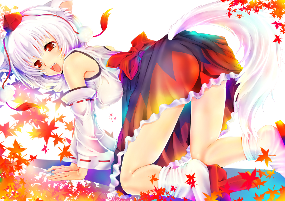 teruru, inubashiri momiji, touhou, 1girl, animal ears, ass, breasts, female focus, geta, japanese clothes, large breasts, red eyes, solo, tail, tengu-geta, white hair