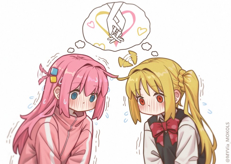 myvia mokols, gotoh hitori, ijichi nijika, bocchi the rock!, commentary, english commentary, 2girls, @ @, ahoge, ahoge wag, blonde hair, blue eyes, blush, bow, bowtie, cube hair ornament, expressive hair, flying sweatdrops, full-face blush, hair between eyes, hair intakes, hair ornament, heart, holding hands, imagining, interlocked fingers, jacket, long hair, motion lines, multiple girls, one side up, pink hair, pink jacket, polka dot, polka dot bow, red bow, red bowtie, red eyes, shared thought bubble, side ponytail, sidelocks, simple background, speech bubble, thought bubble, track jacket, trembling, twitter username, upper body, very long hair, white background, yuri