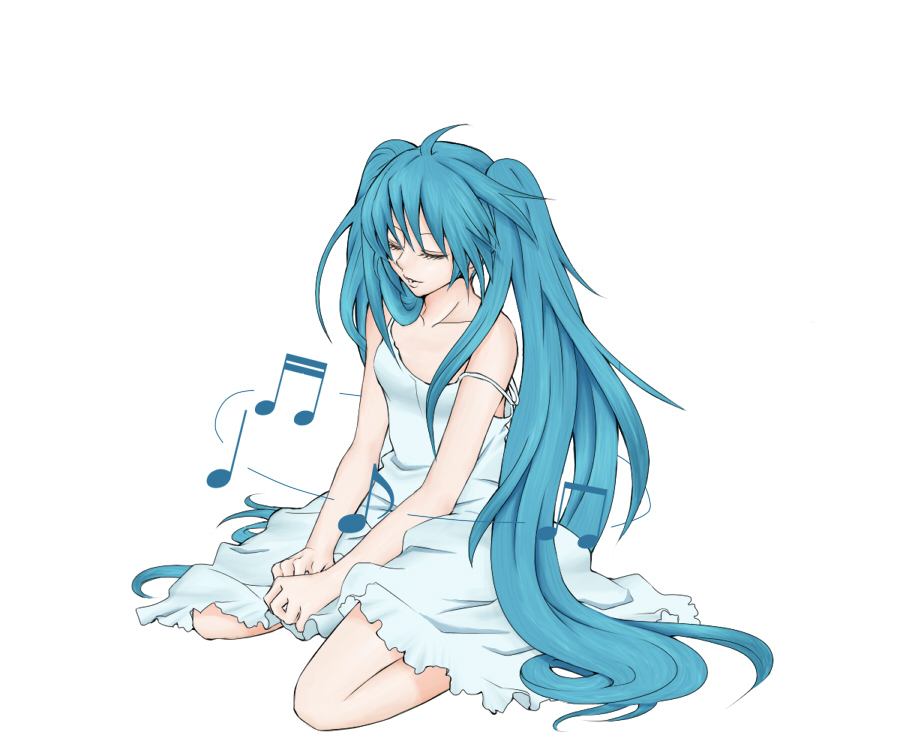 kokonoo no ginkou, hatsune miku, vocaloid, aqua hair, closed eyes, dress, long hair, musical note, simple background, sitting, solo, twintails, very long hair