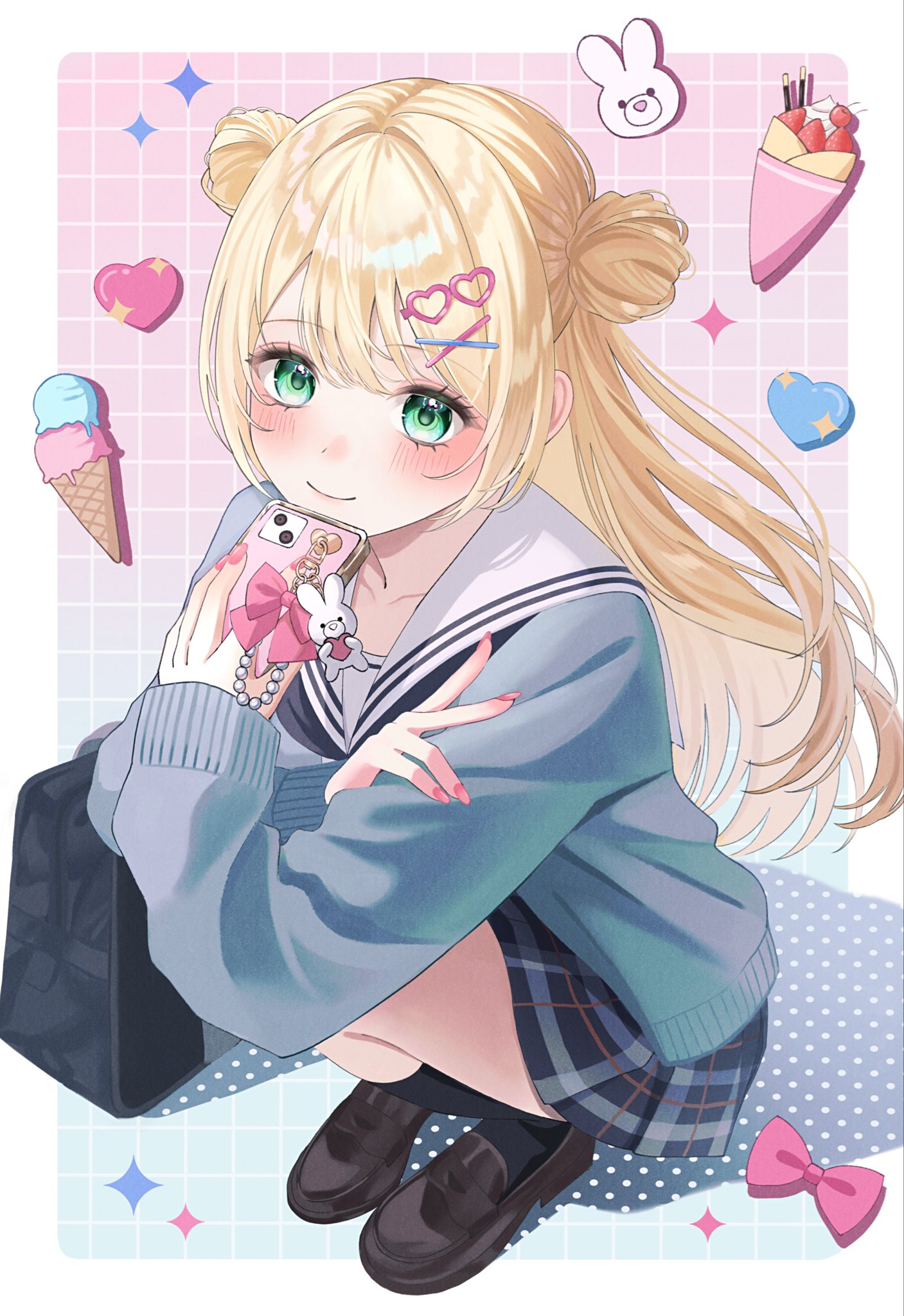 ruruka 003, original, commentary, highres, symbol-only commentary, 1girl, black shoes, black skirt, black socks, blonde hair, blush, border, closed mouth, double bun, green eyes, grey sweater, grid background, hair bun, kneeling, long hair, looking at viewer, miniskirt, pink background, shoes, skirt, sleeves past wrists, smile, socks, solo, sweater, white border
