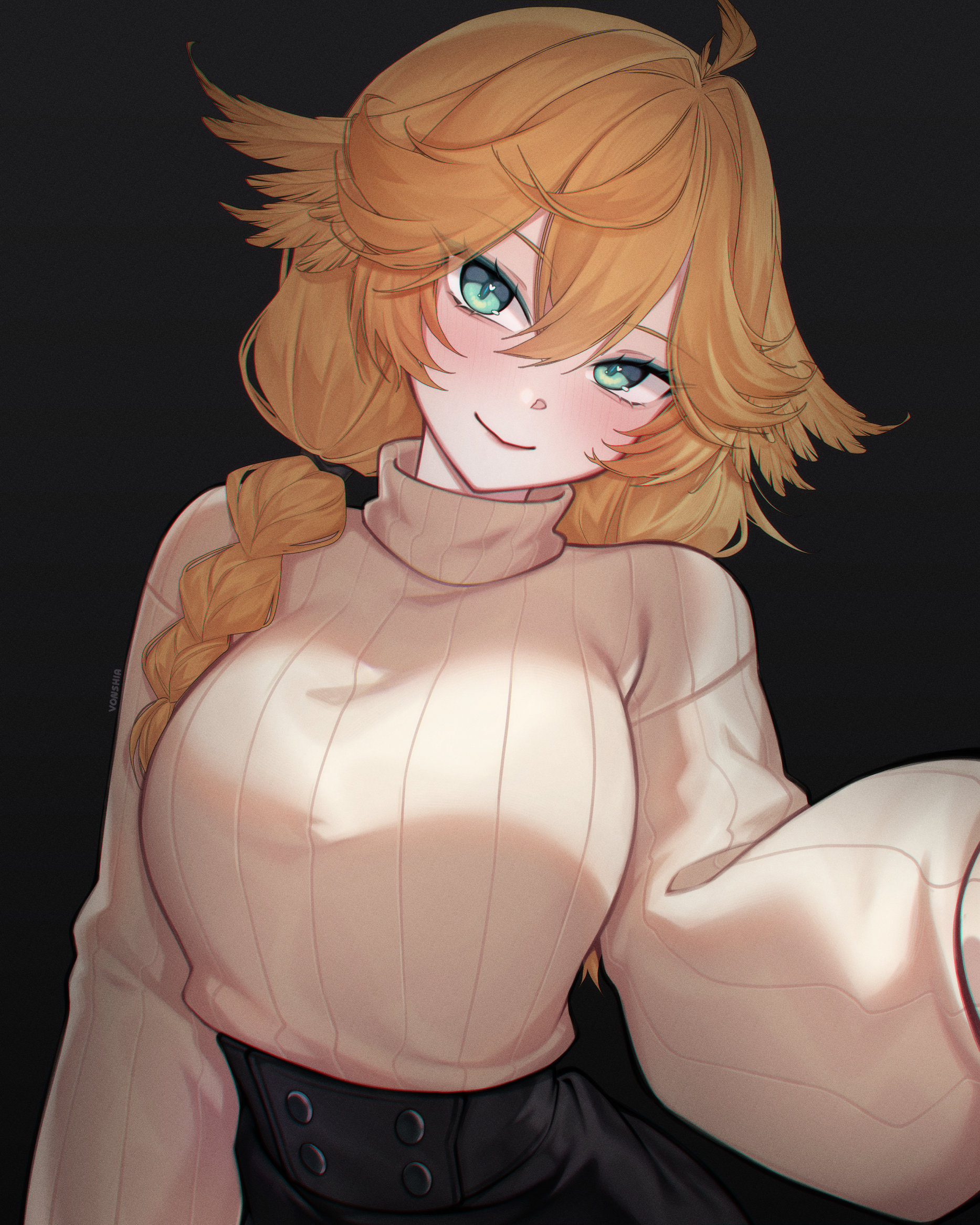 vonshia, dokibird, indie virtual youtuber, highres, 1girl, alternate costume, aqua eyes, black background, black skirt, blonde hair, braid, breasts, hair between eyes, large breasts, long hair, looking at viewer, shirt tucked in, simple background, single braid, skirt, smile, solo, sweater, upper body, virtual youtuber, white sweater
