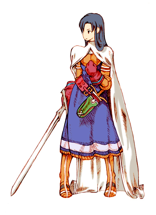 zearthp, kisaragi chihaya, knight (fft), final fantasy, final fantasy tactics, idolmaster, idolmaster (classic), idolmaster 1, 1girl, armor, armored dress, blue hair, cape, dagger, dress, female focus, full body, knife, long hair, parody, simple background, solo, style parody, sword, weapon