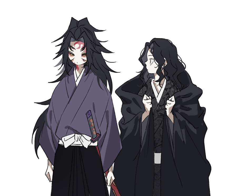 sal gun, kibutsuji muzan, kibutsuji muzan (female), kokushibou, kimetsu no yaiba, 1boy, 1girl, black hair, black hakama, black kimono, closed mouth, colored sclera, cowboy shot, hakama, high ponytail, japanese clothes, katana, kimono, long hair, looking at another, ponytail, profile, purple kimono, red eyes, red sclera, simple background, spiked hair, standing, sword, wavy hair, weapon, white background, yellow eyes