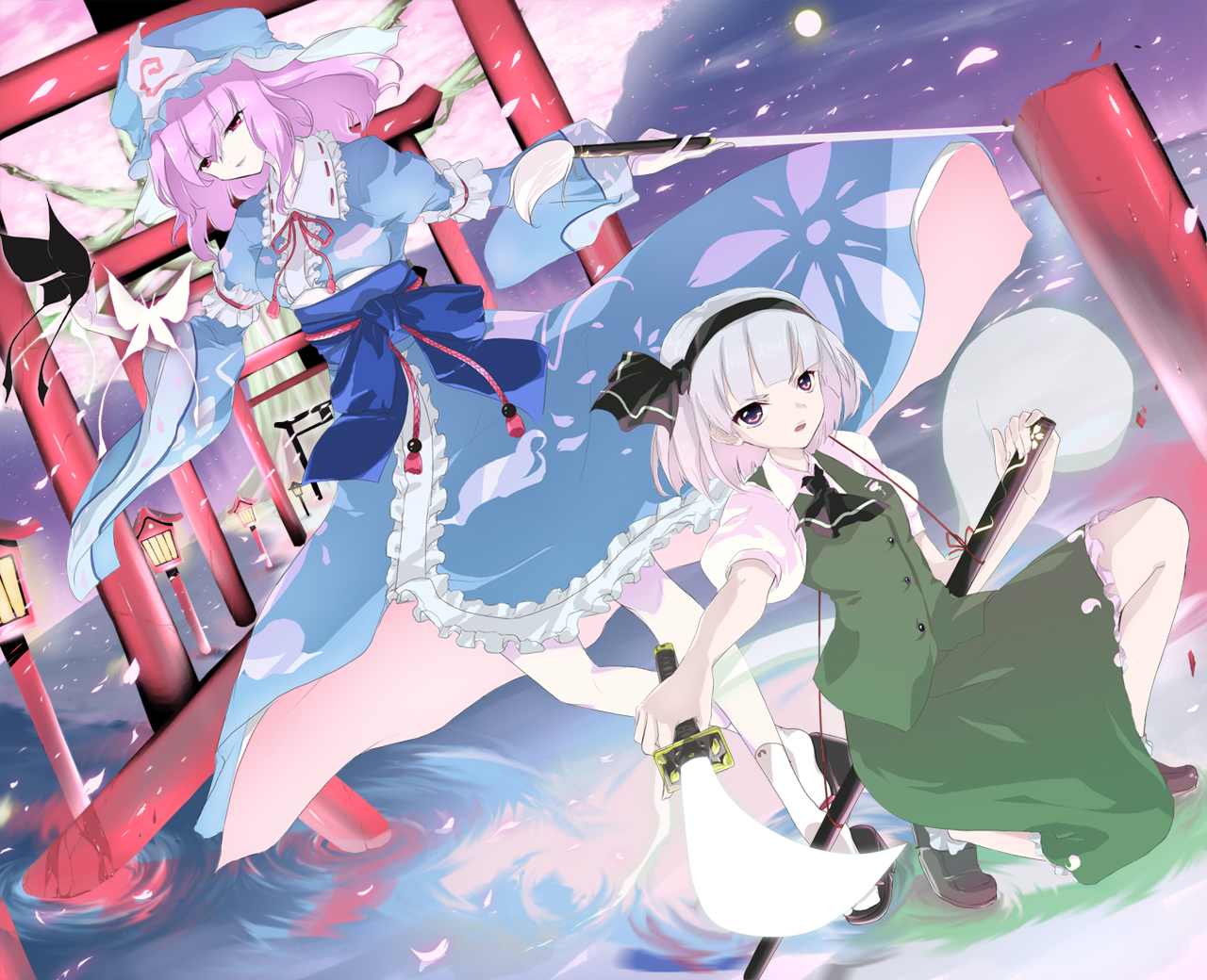 minatsuki randoseru, konpaku youmu, konpaku youmu (ghost), saigyou ayakashi, saigyouji yuyuko, touhou, silver hair, bad id, bad pixiv id, 2girls, bug, butterfly, cherry blossoms, dutch angle, female focus, hairband, hat, hitodama, katana, multiple girls, pink hair, red eyes, short hair, squatting, sword, torii, tree, walking, walking on liquid, water, weapon
