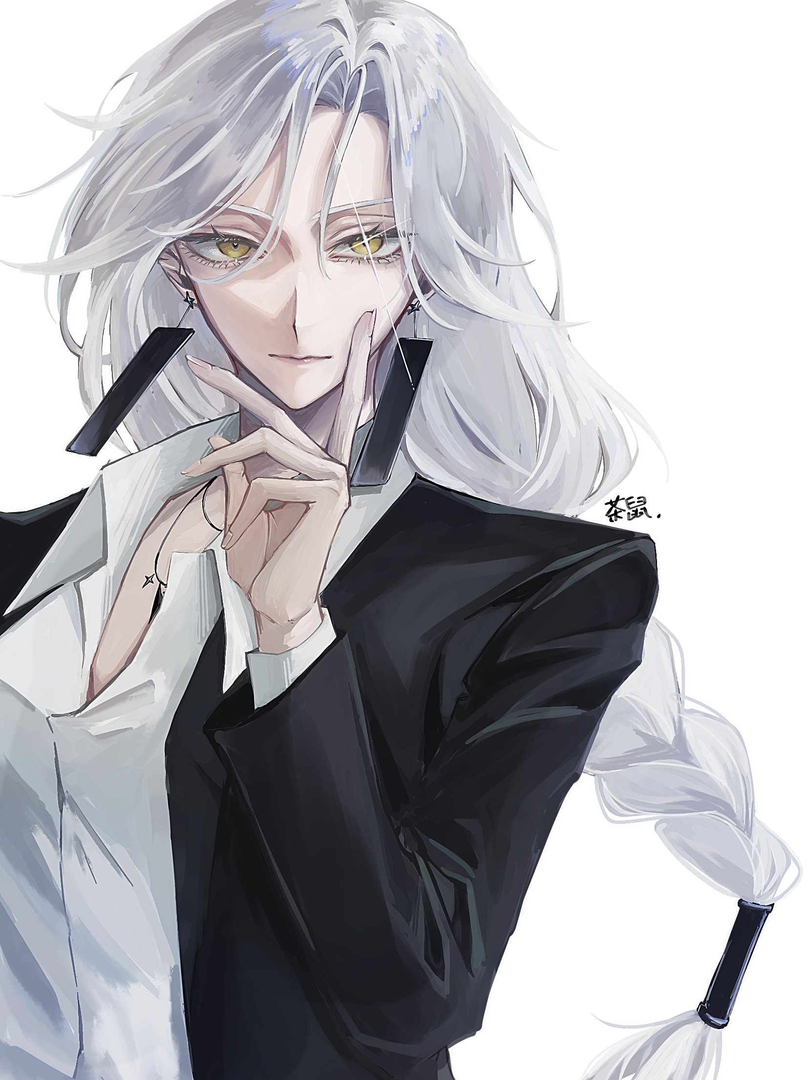 queen (to be hero x), to be hero, to be hero x, highres, 1girl, black jacket, braid, breasts, cha nez, closed mouth, collared shirt, hand on own cheek, hand on own face, jacket, jewelry, long hair, looking at viewer, medium breasts, necklace, pale skin, parted bangs, rectangular earrings, shirt, single braid, solo, sparkling eyes, suit jacket, upper body, white background, white hair, white shirt, yellow eyes
