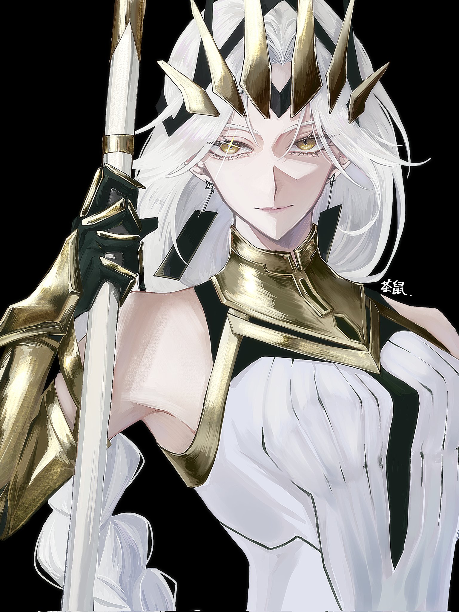 queen (to be hero x), to be hero, to be hero x, highres, 1girl, armor, armored gloves, bare shoulders, black background, braid, breasts, cha nez, closed mouth, crown, dress, gold armor, gold crown, gold gloves, gold trim, holding, holding staff, long hair, looking at viewer, medium breasts, parted bangs, rectangular earrings, single braid, solo, sparkle, staff, upper body, white dress, white hair, yellow eyes