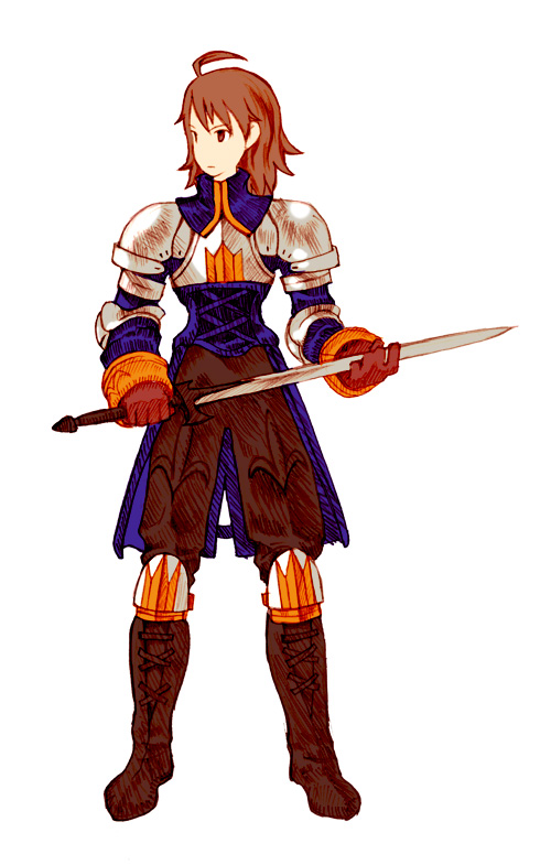 zearthp, agrias oaks, awakened miki, holy knight (fft), hoshii miki, final fantasy, final fantasy tactics, idolmaster, idolmaster (classic), 1girl, agrias oaks (cosplay), ahoge, armor, brown hair, cosplay, female focus, parody, pauldrons, short hair, shoulder armor, simple background, solo, style parody, sword, weapon
