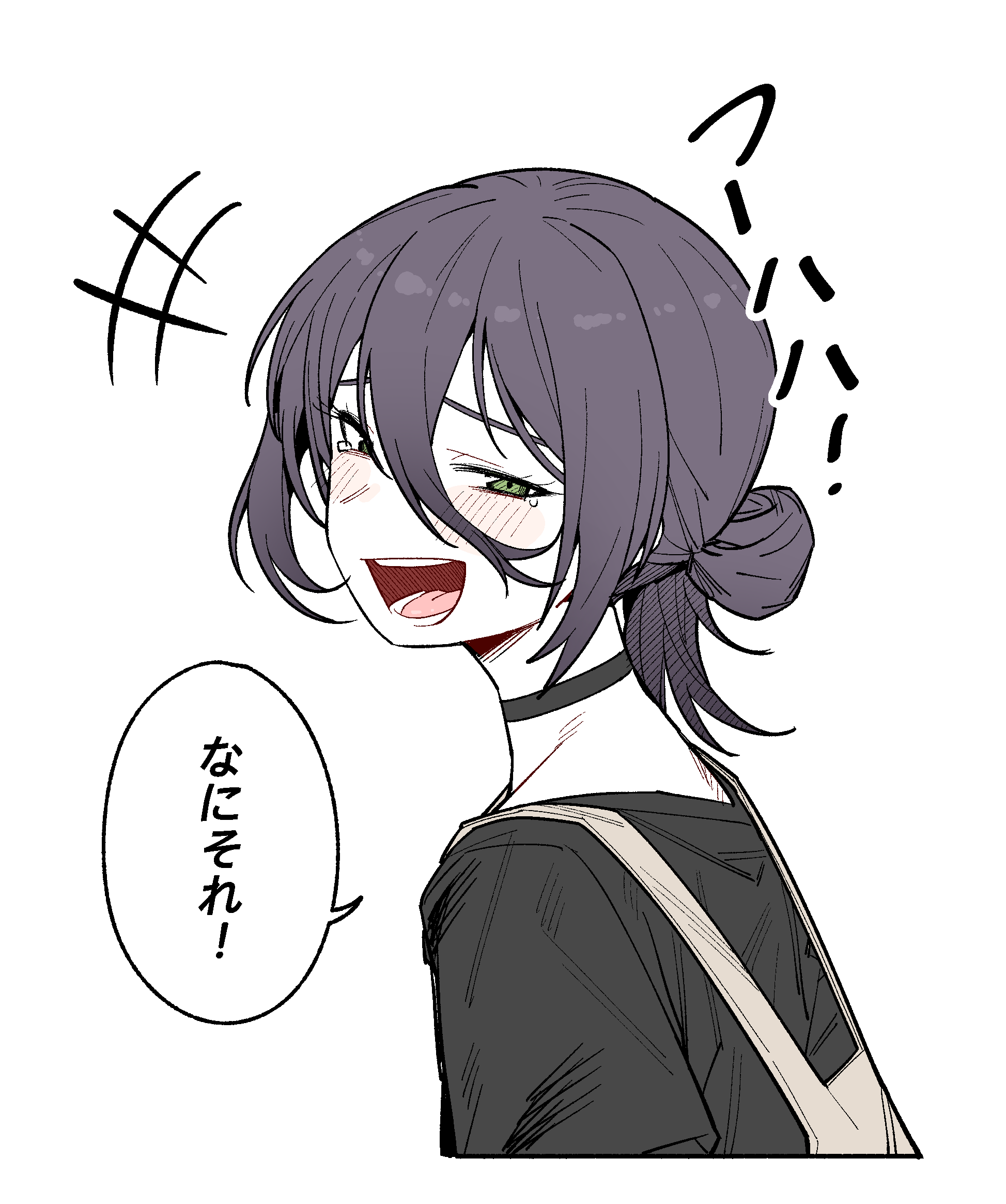 wujurana, reze (chainsaw man), chainsaw man, highres, translation request, 1girl, apron, black choker, black shirt, blush, choker, green eyes, grey apron, hair between eyes, hair bun, purple hair, shirt, simple background, solo, speech bubble, tearing up, teeth, white background
