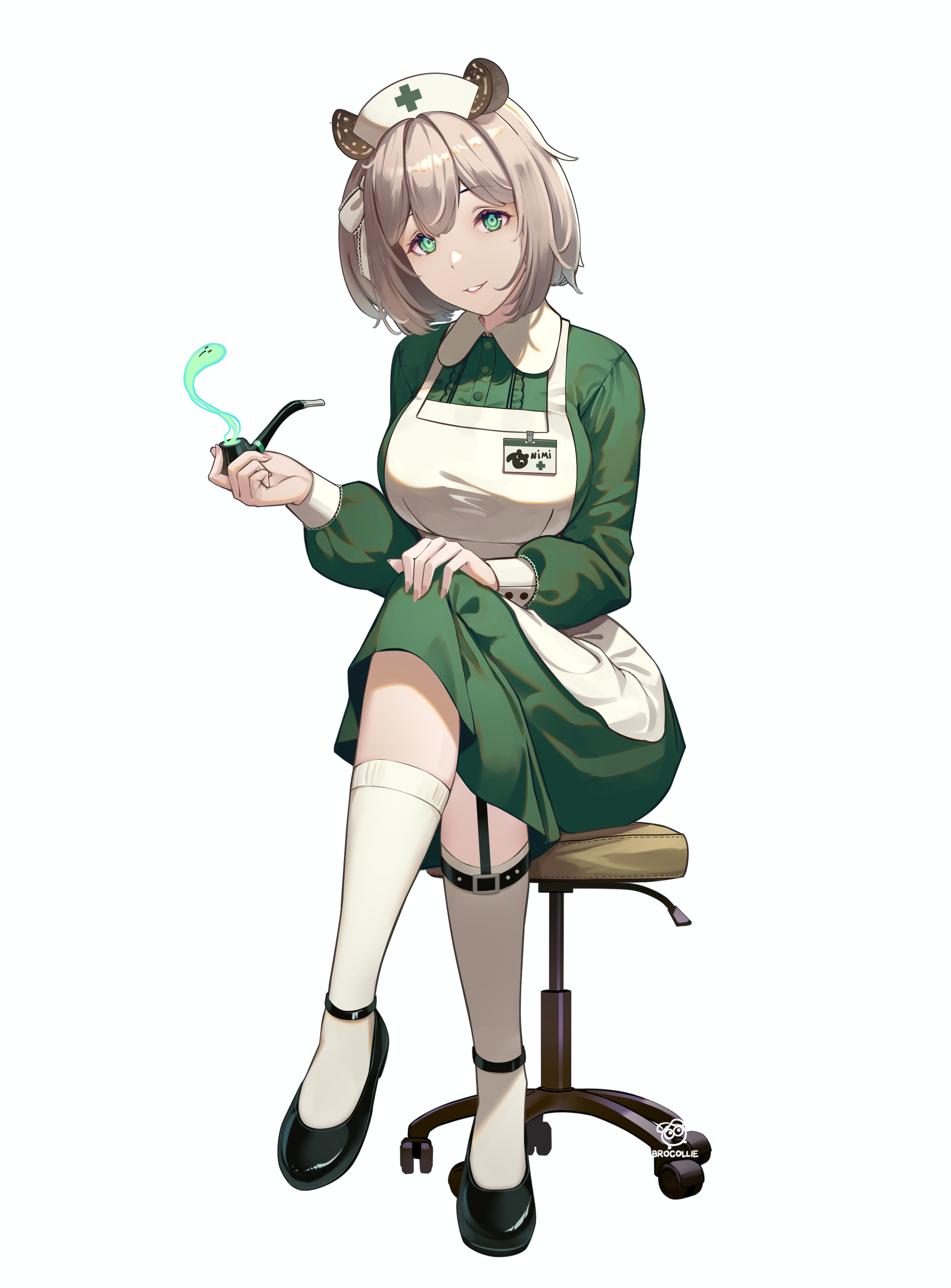 brocollie, nimi nightmare, indie virtual youtuber, absurdres, commentary, highres, variant set, 1girl, animal ears, apron, artist name, asymmetrical legwear, black garter straps, black shoes, breasts, center-flap bangs, chair, collared dress, crossed legs, double-parted bangs, dress, foot up, full body, garter straps, ghost, green dress, green eyes, grey hair, hand on own knee, hat, holding, holding smoking pipe, kneehighs, large breasts, nurse cap, on chair, parted lips, shoes, short hair, single garter strap, sitting, smile, smoking pipe, socks, solo, swivel chair, tapir ears, tapir girl, virtual youtuber, white apron, white hair, white socks