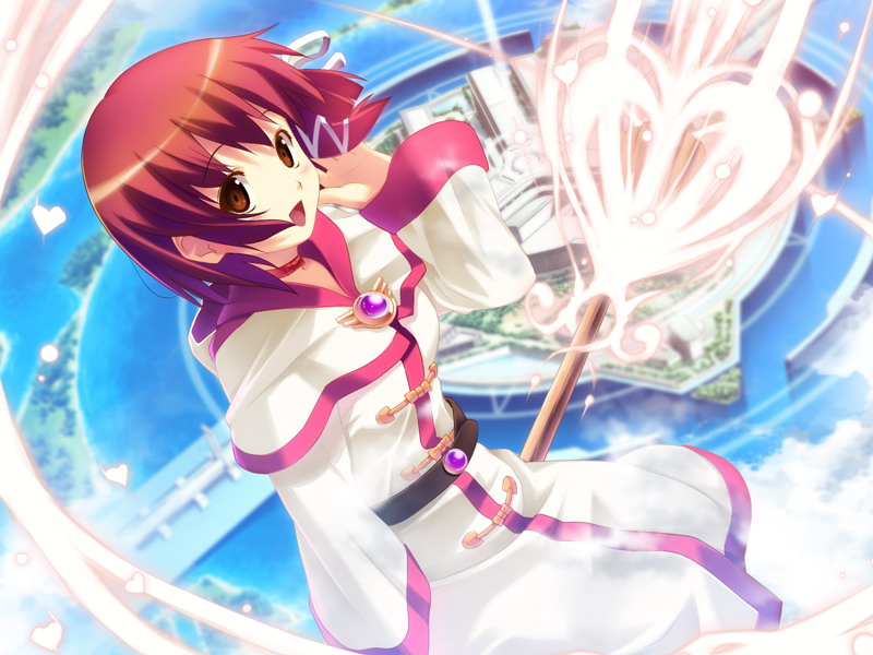 koutaro, mizusawa noel, ars magna, game cg, 1girl, aqua eyes, bow, bow choker, broom, brown eyes, choker, collar, dutch angle, female focus, flying, hair ribbon, heart, open mouth, red hair, ribbon, short hair, smile, solo, sparkle