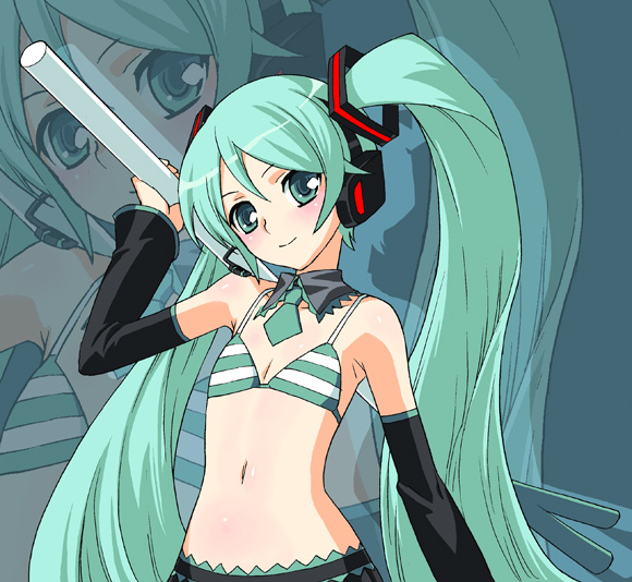 shiono etorouji, hatsune miku, vocaloid, 1girl, aqua eyes, aqua hair, armpits, bikini, blush, detached sleeves, female focus, flat chest, headphones, long hair, navel, necktie, solo, spring onion, swimsuit, twintails, very long hair, zoom layer