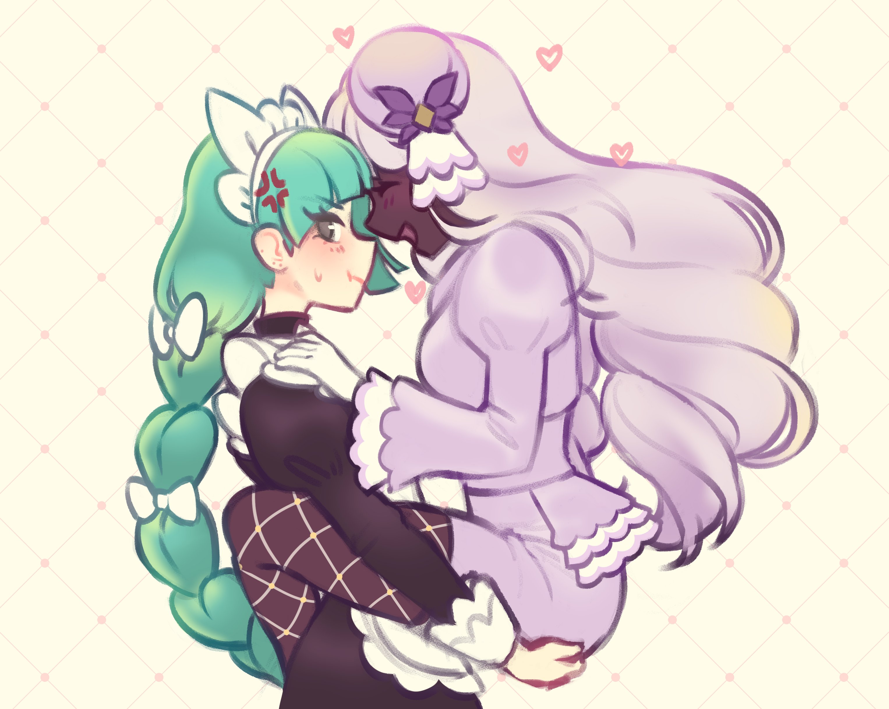 jacinthe (pokemon), lebanne (pokemon), nintendo, pokemon, pokemon legends: z-a, master and servant, absurdres, highres, ^ ^, anger vein, apron, averting eyes, bow, braid, braided ponytail, brown eyes, carrying, carrying person, closed eyes, cowboy shot, dark-skinned female, dark skin, dress, fascinator, fishnet pantyhose, fishnets, frilled dress, frills, from side, gloves, green hair, hair bow, hands on another's shoulders, heart, juliet sleeves, leg lock, lifting person, long braid, long hair, long sleeves, low drills, maid, maid apron, maid headdress, multiple hair bows, neapolitanmilk, open mouth, pantyhose, pout, profile, puffy sleeves, purple dress, purple hair, single braid, smile, standing leg lock, very dark skin, white bow, white gloves, yuri