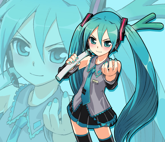 shiono etorouji, hatsune miku, vocaloid, 1girl, blue eyes, blue hair, blue nails, blush, detached sleeves, female focus, headphones, long hair, matching hair/eyes, nail polish, necktie, skirt, solo, spring onion, thighhighs, twintails, very long hair, zettai ryouiki, zoom layer