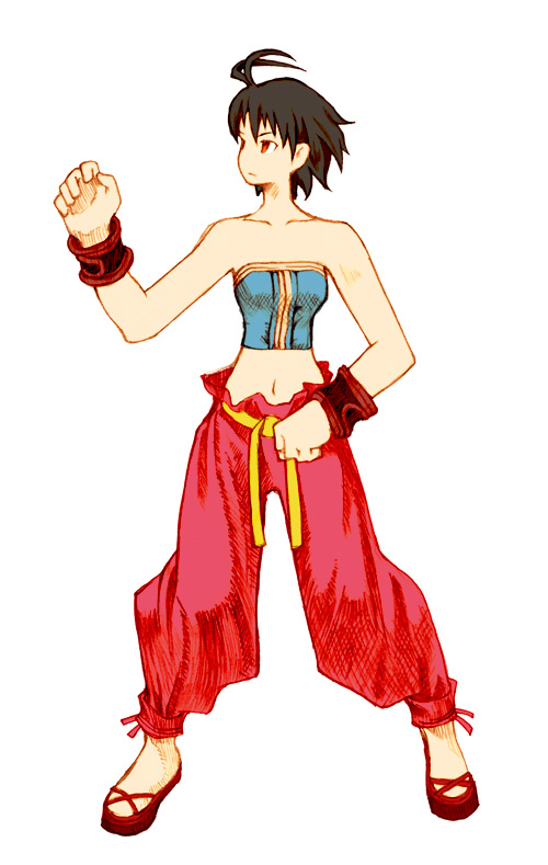 zearthp, kikuchi makoto, monk (fft), final fantasy, final fantasy tactics, idolmaster, idolmaster (classic), idolmaster 1, 1girl, antenna hair, bare shoulders, black hair, female focus, full body, midriff, parody, short hair, simple background, solo, style parody, wristband