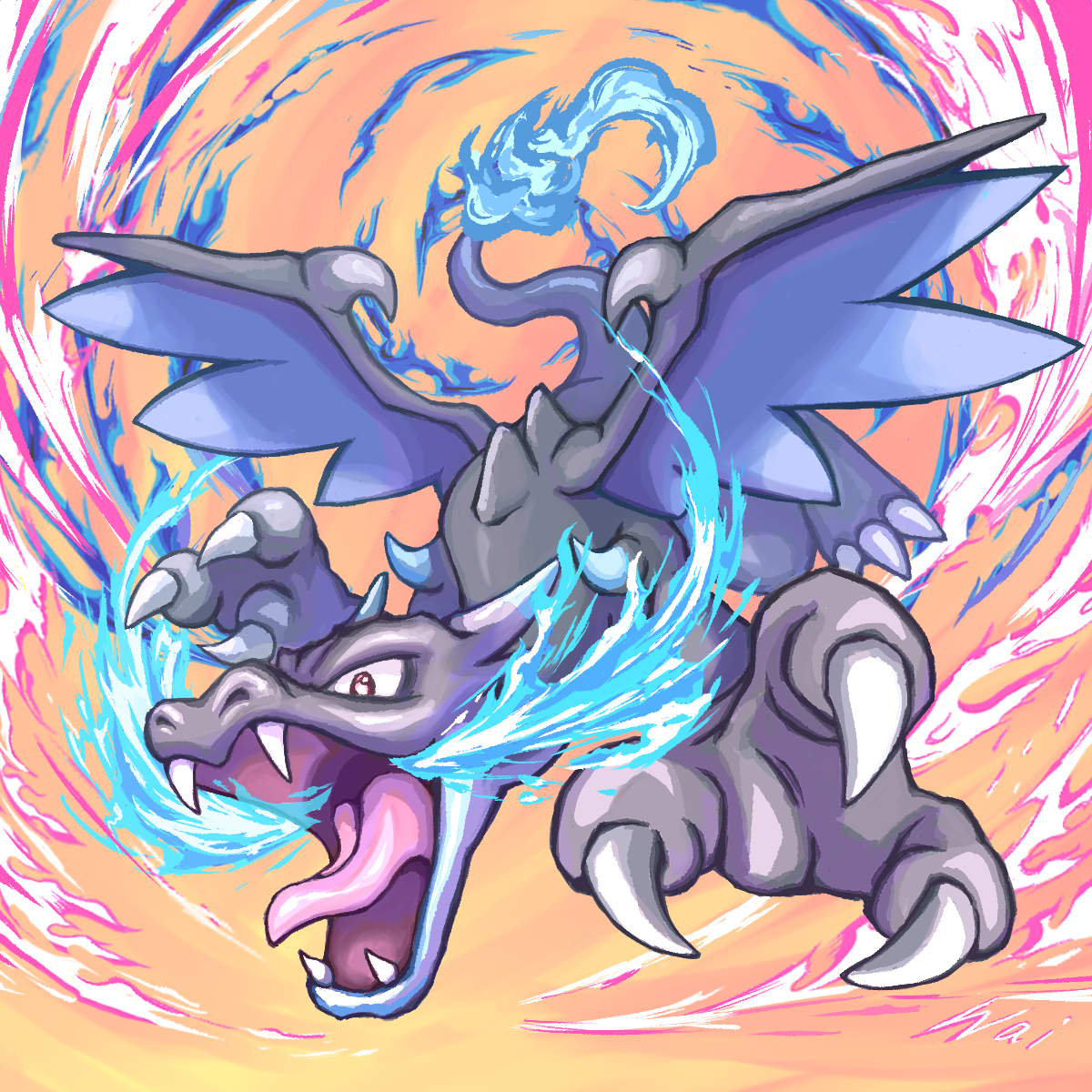 wai152, charizard, mega charizard x, nintendo, pokemon, commentary request, highres, blue fire, breath weapon, breathing fire, claws, dragon, dragon wings, fangs, fire, flame-tipped tail, flying, full body, gen 1 pokemon, mega pokemon, no humans, open mouth, pokemon (creature), pokemon focus, solo, spikes, spines, tail, tongue, wings