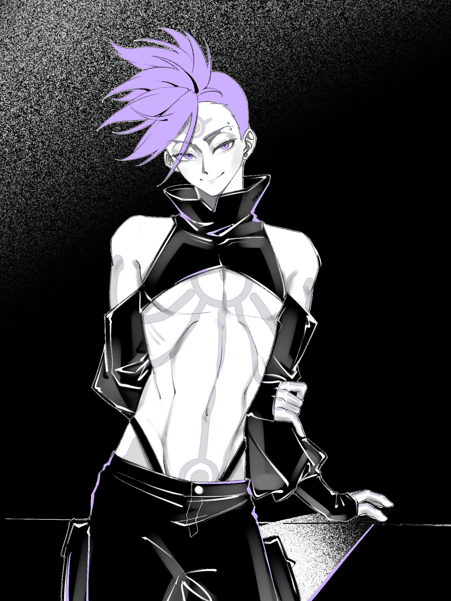 dragon boy (to be hero x), to be hero, to be hero x, highres, 1boy, arm behind back, asymmetrical hair, baiquan2025, bare shoulders, black pants, black shirt, black sleeves, body markings, closed mouth, cowboy shot, crop top, detached sleeves, eyebrow piercing, face piercing, facial mark, male focus, midriff, pants, piercing, purple eyes, purple hair, shirt, short hair, sidecut, smile, solo, undercut