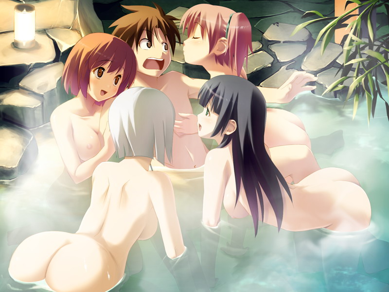 koutaro, arai ruka, ichijou anzu, minezaki sakura, mizusawa noel, ars magna, silver hair, game cg, jpeg artifacts, 1boy, 4girls, all fours, ass, bent over, between breasts, black hair, blush, breasts, brown hair, girl sandwich, harem, hug, long hair, mixed-sex bathing, multiple girls, nipples, nude, onsen, open mouth, pimp, pink hair, rejected kiss, sandwiched, shared bathing, short hair, side ponytail, twintails, wading, water