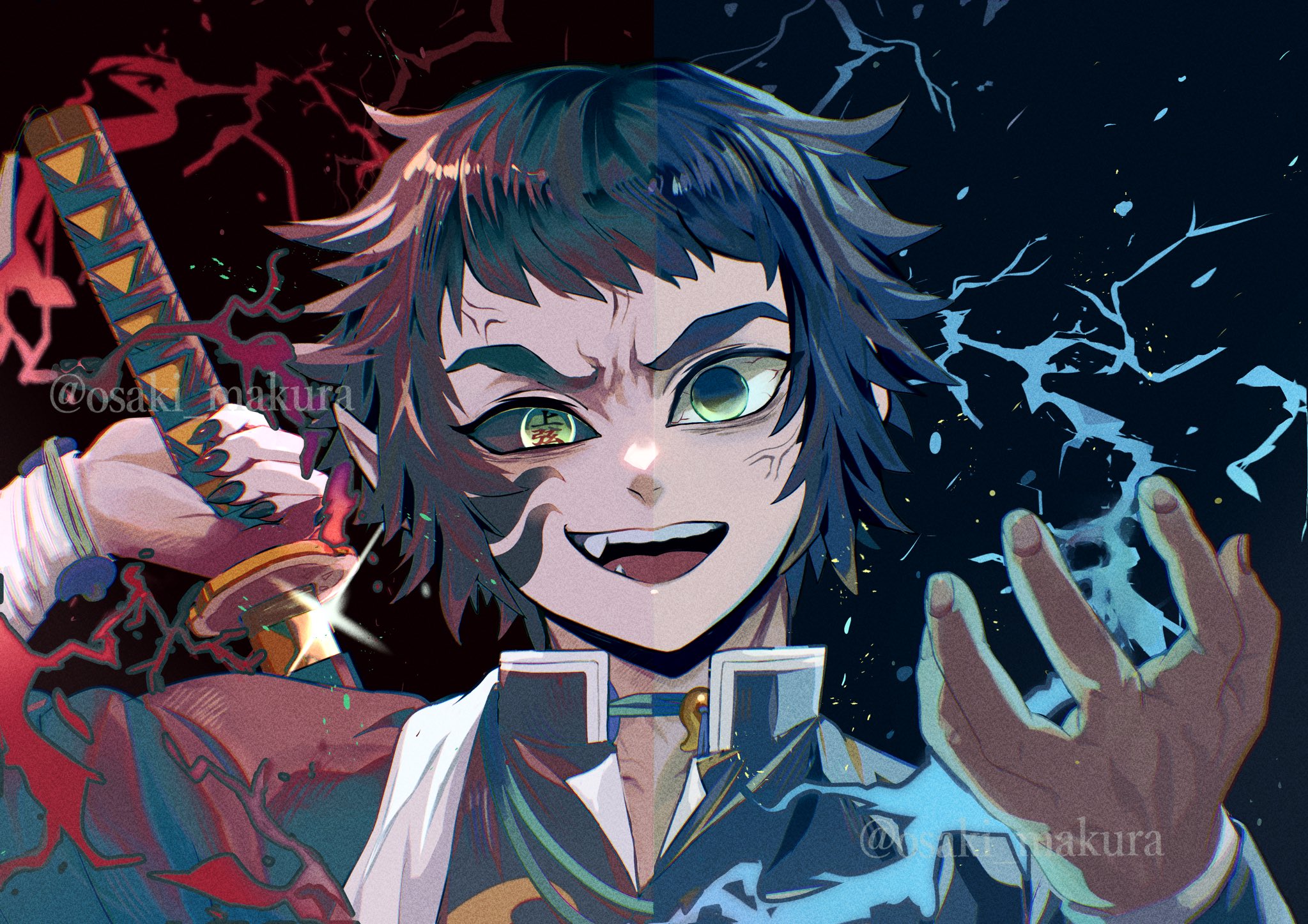 osaki makura, kaigaku, kimetsu no yaiba, highres, 1boy, black background, black hair, black jacket, black nails, black sclera, cheek tattoo, choker, colored sclera, fang, green eyes, hands up, holding, holding behind back, holding sword, holding sword behind back, holding weapon, holding weapon behind back, jacket, katana, magatama, male focus, open mouth, short hair, smile, solo, spiked hair, sword, tattoo, teeth, thunder, upper body, upper teeth only, veiny face, weapon