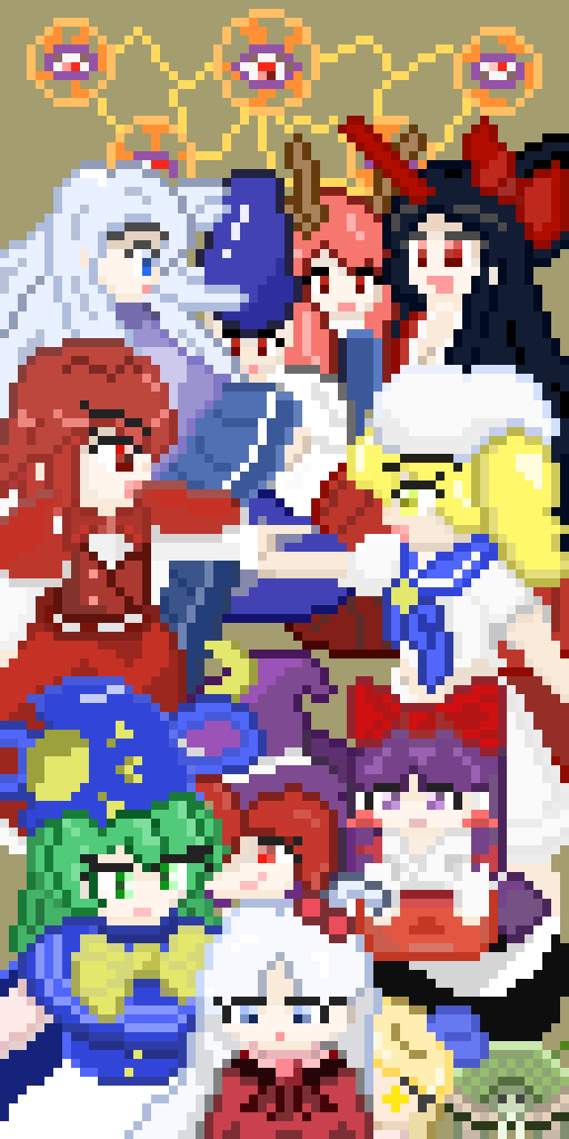 alice margatroid, genjii (touhou), hakurei reimu, hakurei reimu (pc-98), kirisame marisa, kirisame marisa (pc-98), kitashirakawa chiyuri, konngara (touhou), mima (touhou), okazaki yumemi, sariel (touhou), shingyoku (female), shingyoku (male), shingyoku (touhou), shinki (touhou), yuugenmagan, touhou, touhou (pc-98), character request, commentary request, highres, 1boy, 6+girls, black hair, blonde hair, blue eyes, bow, brown background, green eyes, green hair, hair ornament, hat, multiple girls, neotte, pink hair, pixel art, purple eyes, purple hair, red bow, red eyes, red hair, white hair, yellow eyes