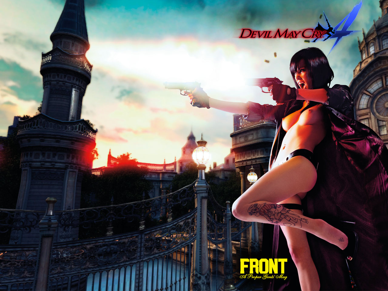 dante, capcom, devil may cry, devil may cry (series), devil may cry 4, gender request, photo (medium), breasts, coat, cosplay, genderswap, gun, topless female, trench coat, weapon