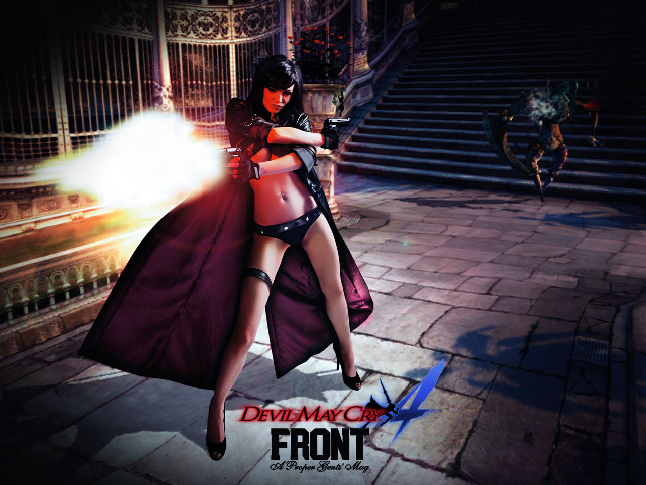 dante, capcom, devil may cry, devil may cry (series), devil may cry 4, gender request, photo (medium), breasts, coat, cosplay, genderswap, gun, topless female, trench coat, weapon
