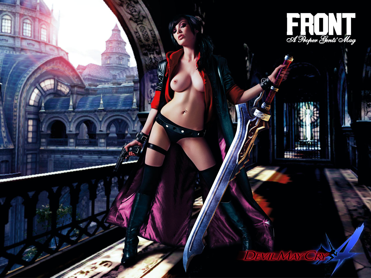 nero (devil may cry), capcom, devil may cry, devil may cry (series), devil may cry 4, gender request, photo (medium), breasts, coat, cosplay, genderswap, gun, sword, topless female, trench coat, weapon